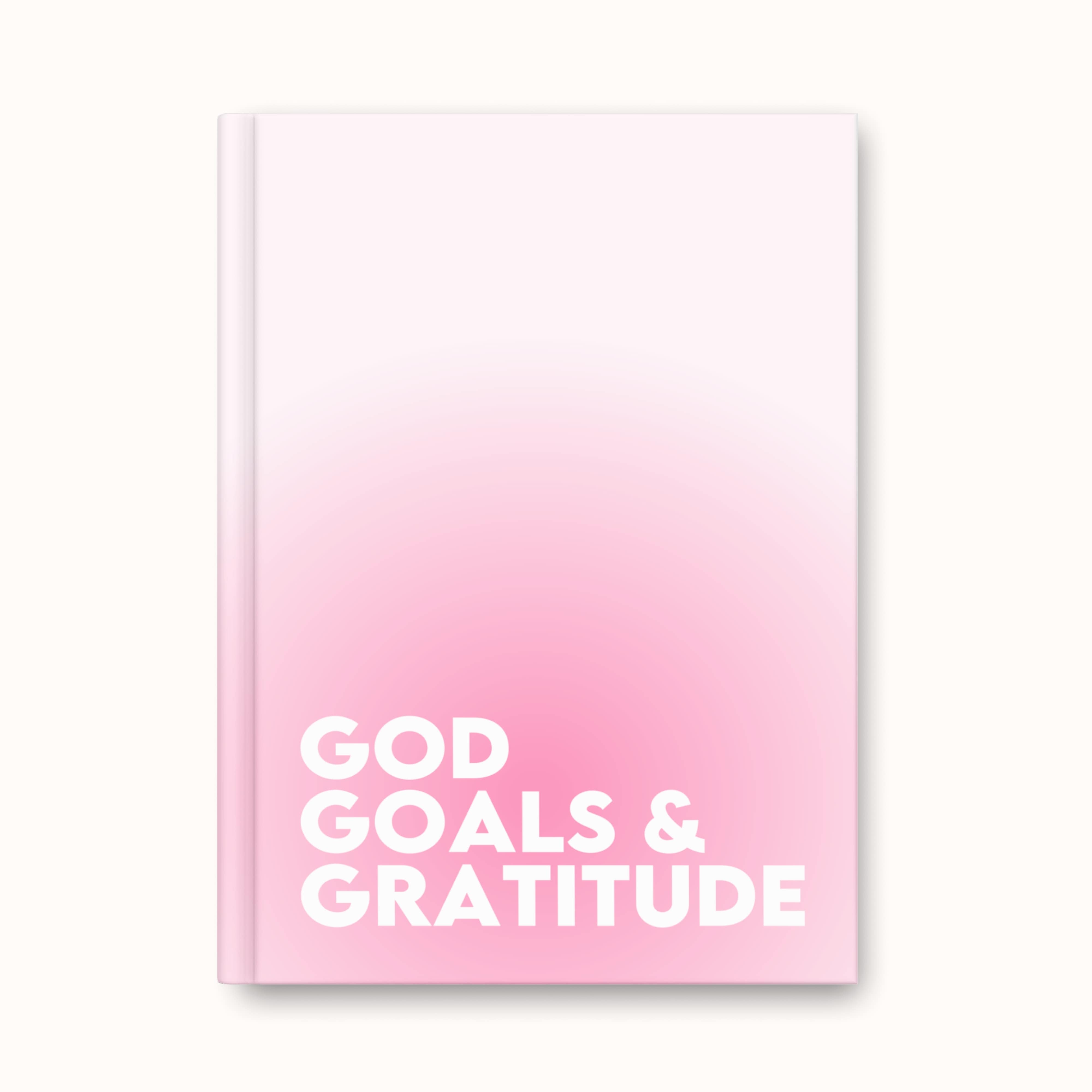 Pink ombré hardback journal with “God, Goals & Gratitude” text on the cover  Faithful Hearts stationery