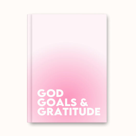 Pink ombré hardback journal with “God, Goals & Gratitude” text on the cover  Faithful Hearts stationery