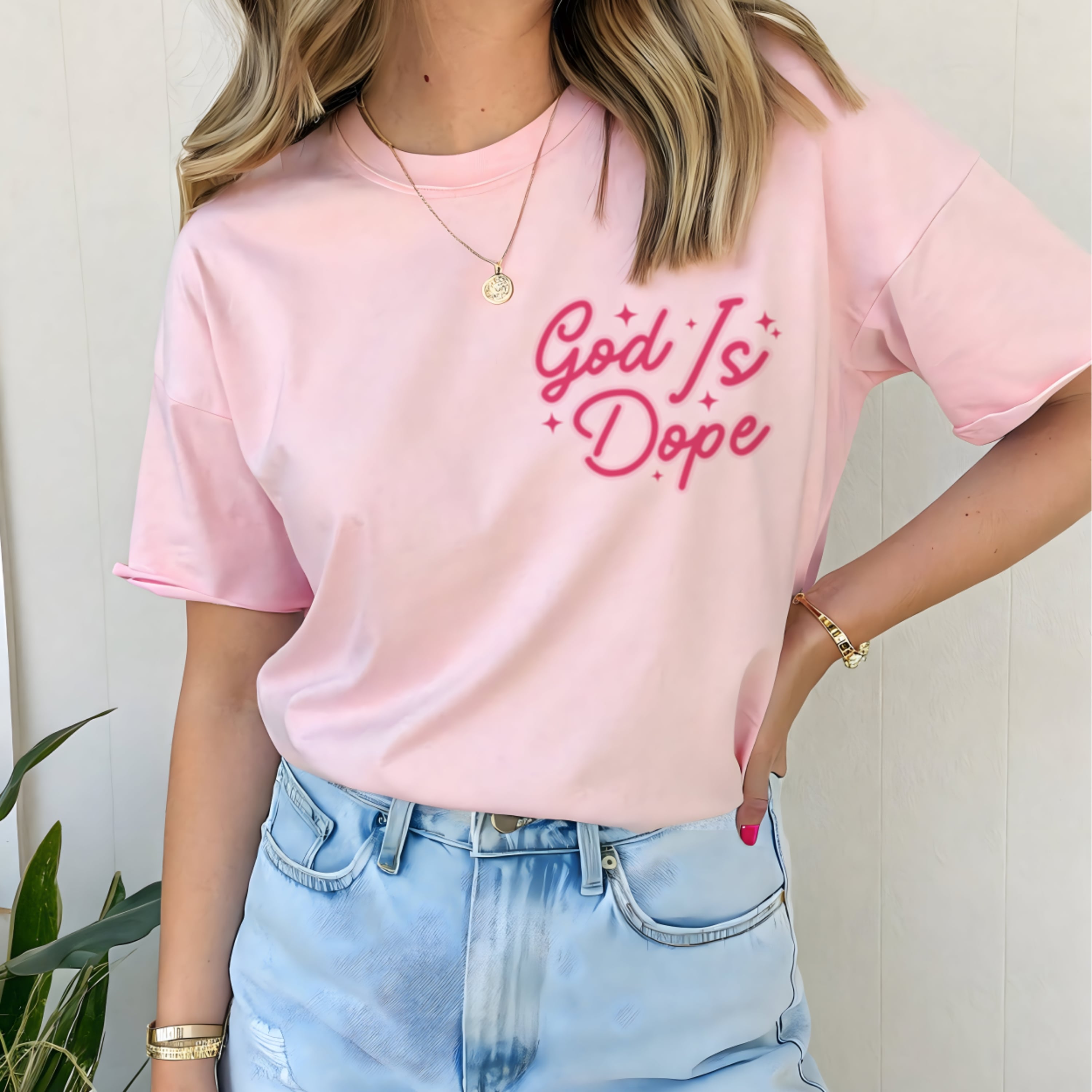 God Is Dope pink t-shirt front view hot pink retro text Y2K aesthetic Christian graphic tee for women