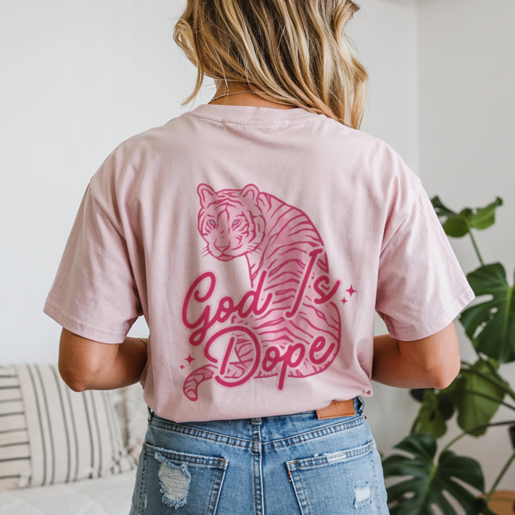 Close up of hot pink tiger graphic on back of God Is Dope pink Christian t-shirt fierce faith fashion detail