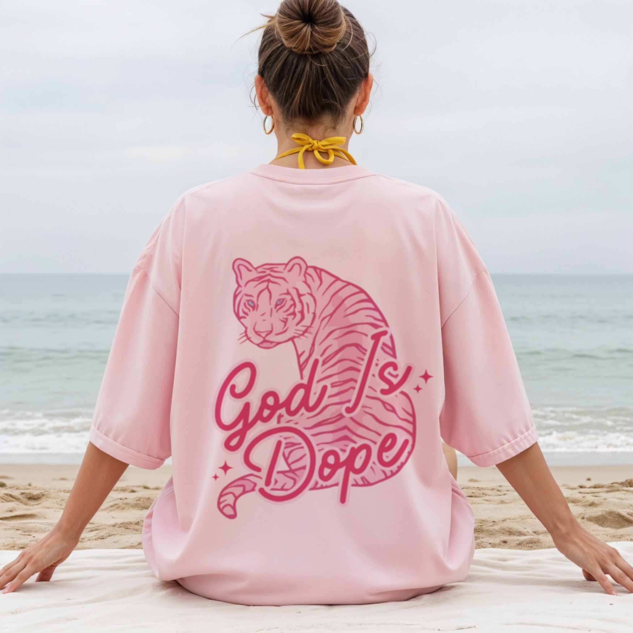 God Is Dope pink t-shirt back view with hot pink tiger graphic bold Christian faith fashion for women