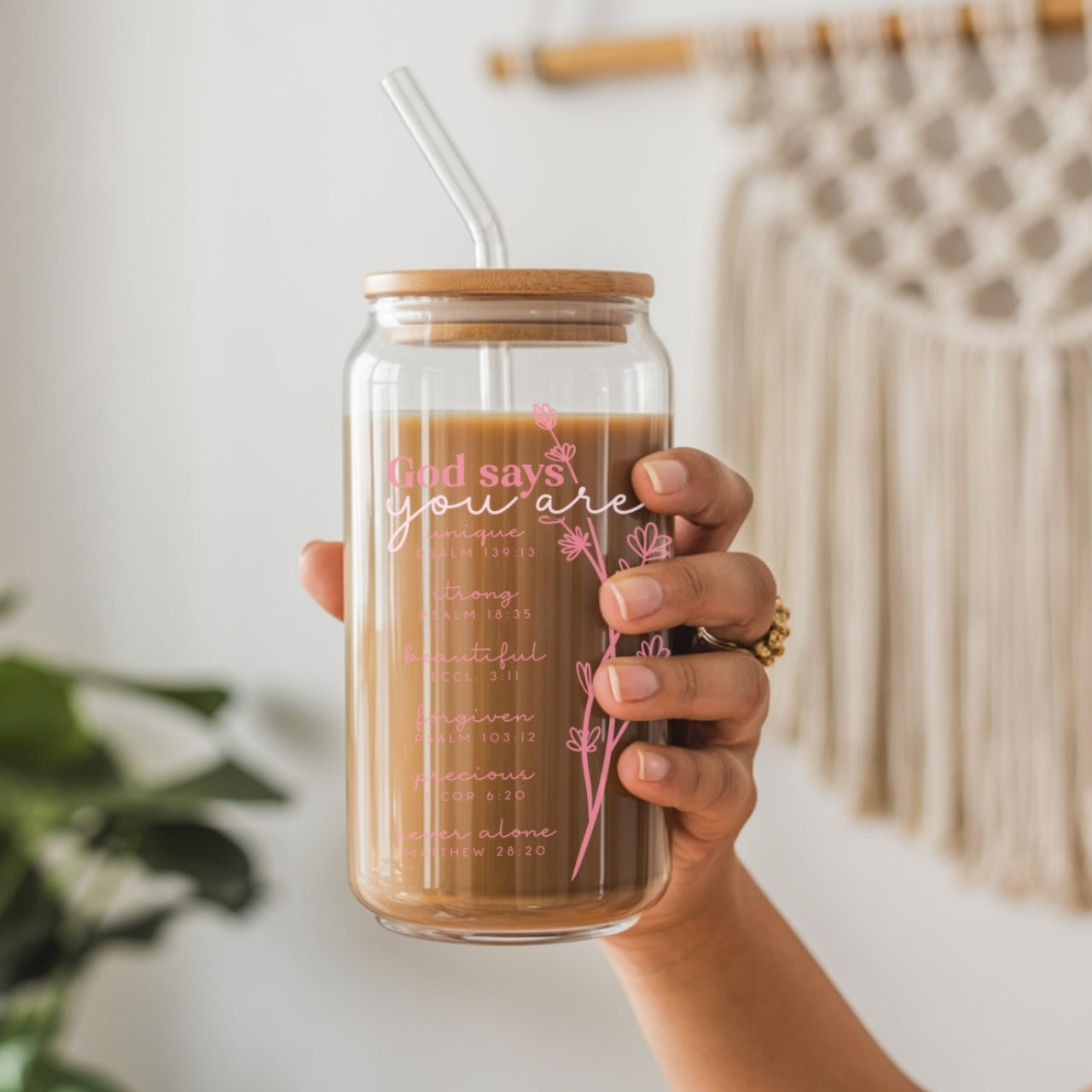 God says you are affirmations sipper glass with bamboo lid held by woman