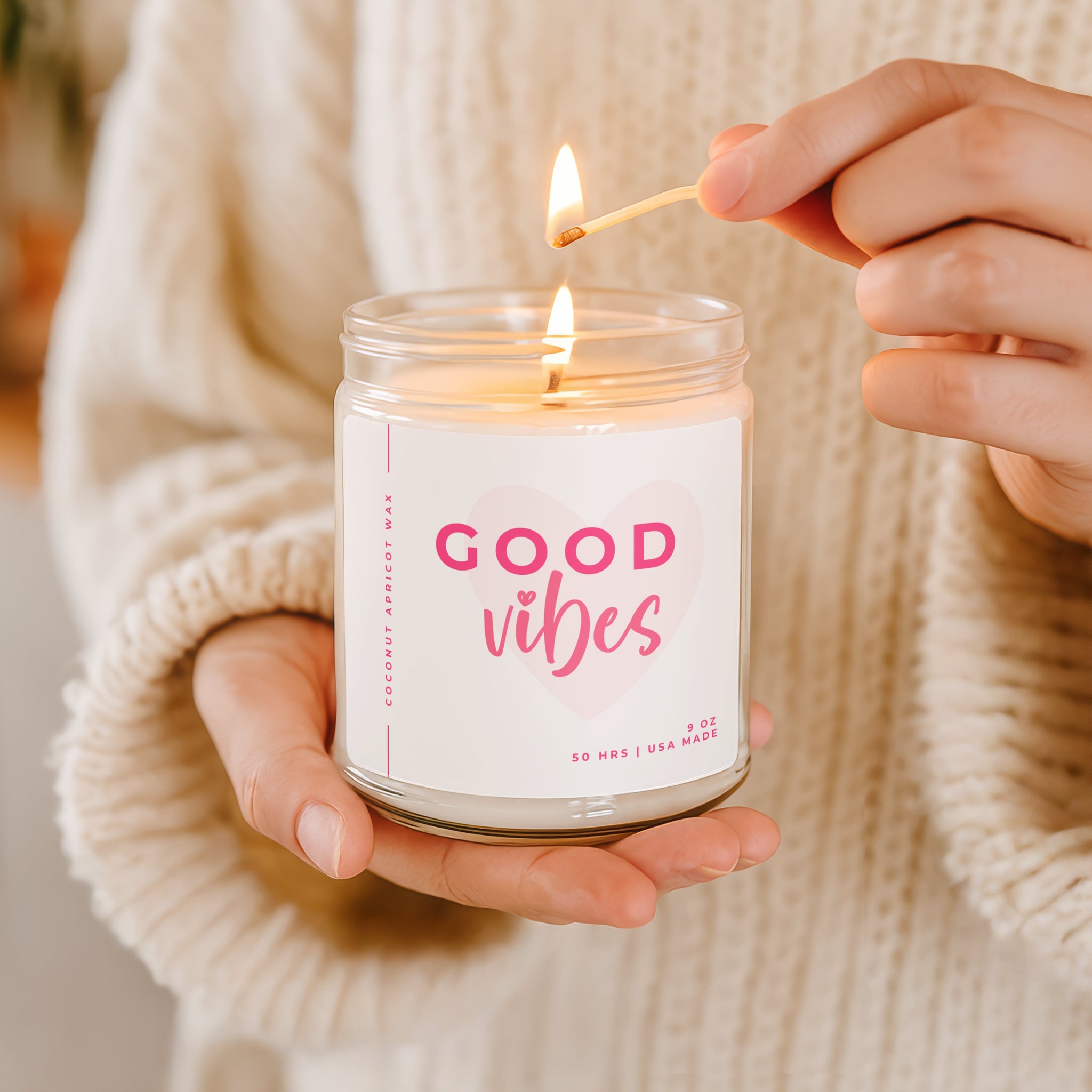 Faithful Hearts Good Vibes candle in clear glass, perfect positivity and wellness gift for her