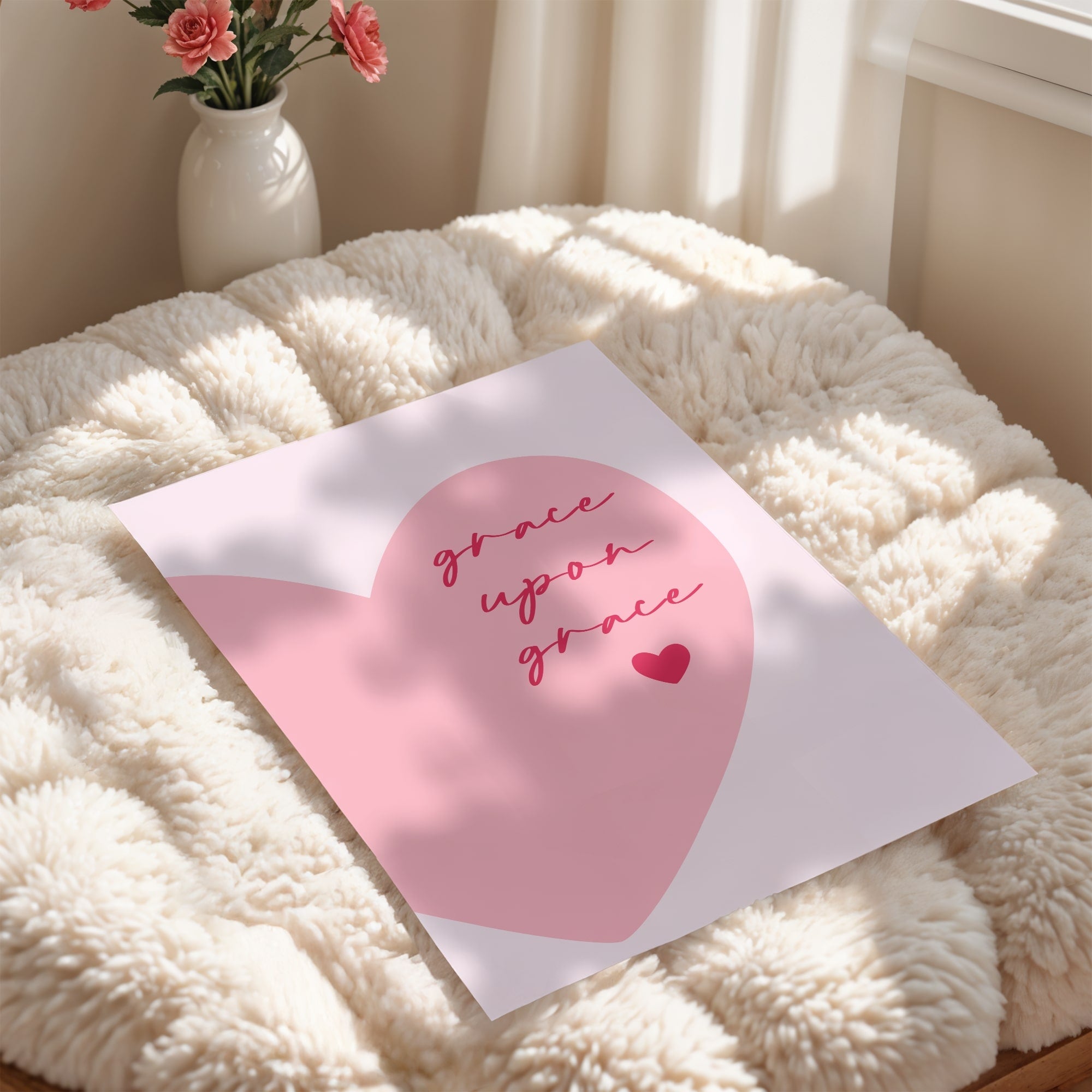 Inspirational Christian wall art print with soft pink heart – feminine faith home décor