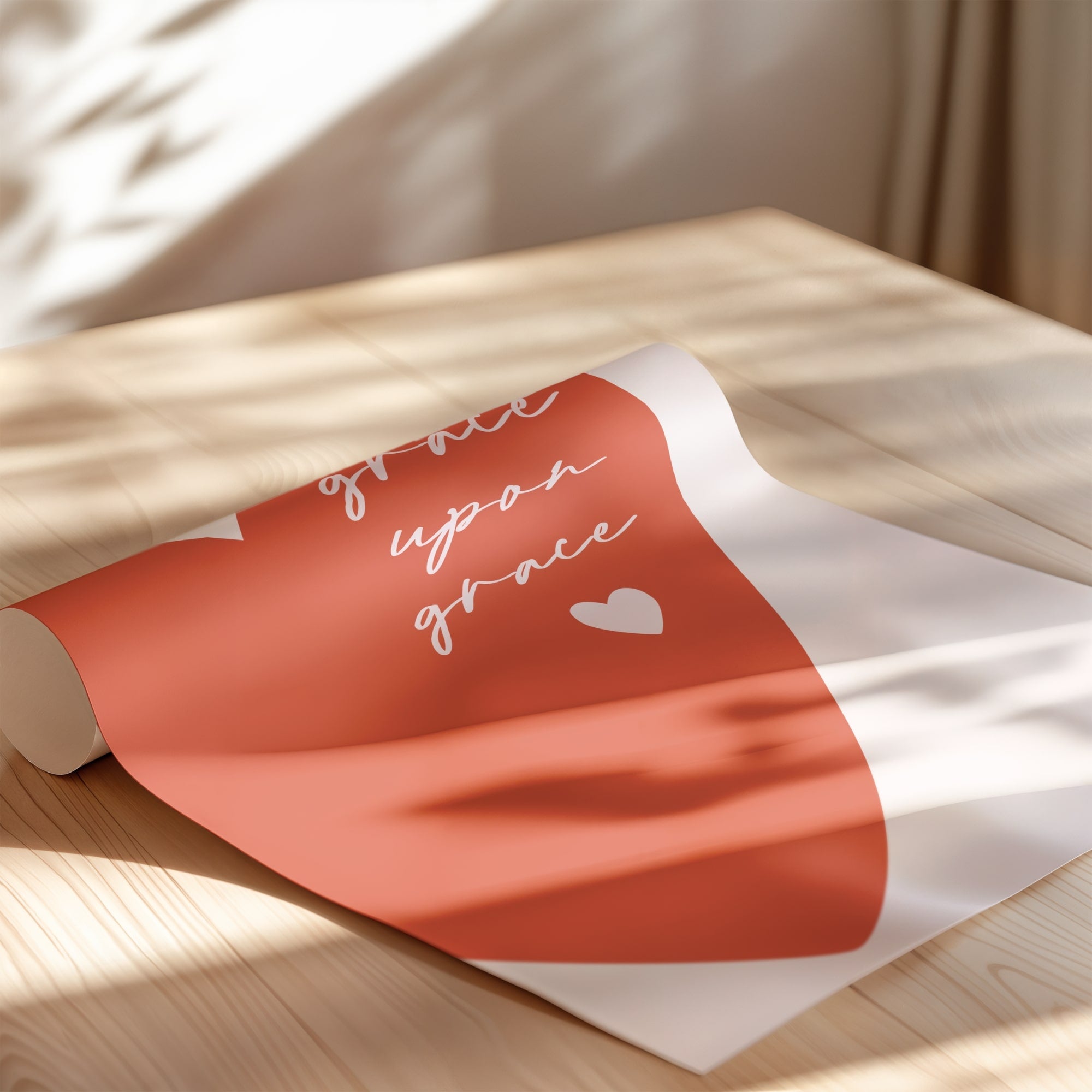 Coral heart Grace Over Grace wall art, uplifting Christian print for prayer spaces, nurseries, or faith-inspired home décor.