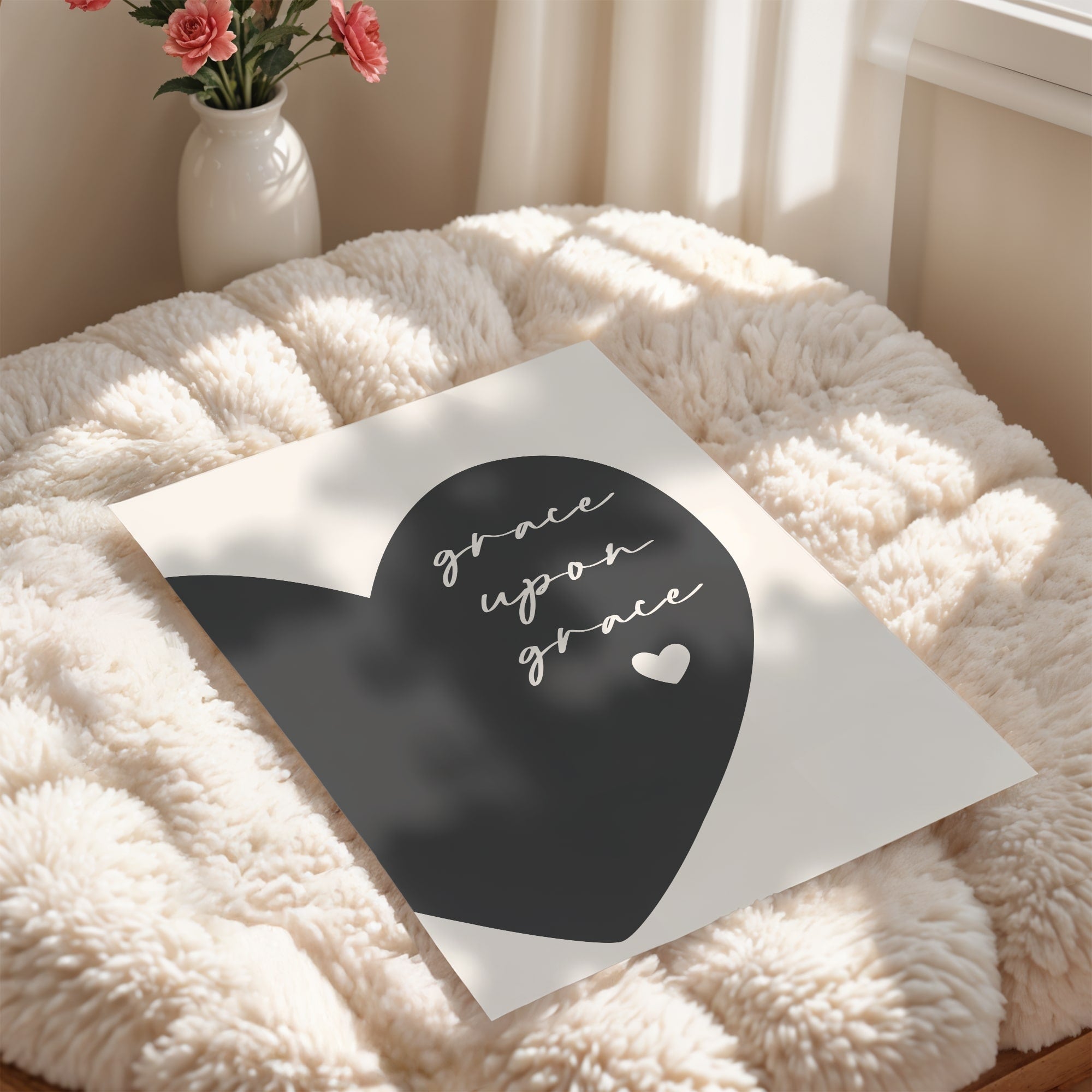 Modern minimalist Christian wall art in charcoal, Grace upon Grace print for women’s bedrooms and cozy, faith-filled interiors.