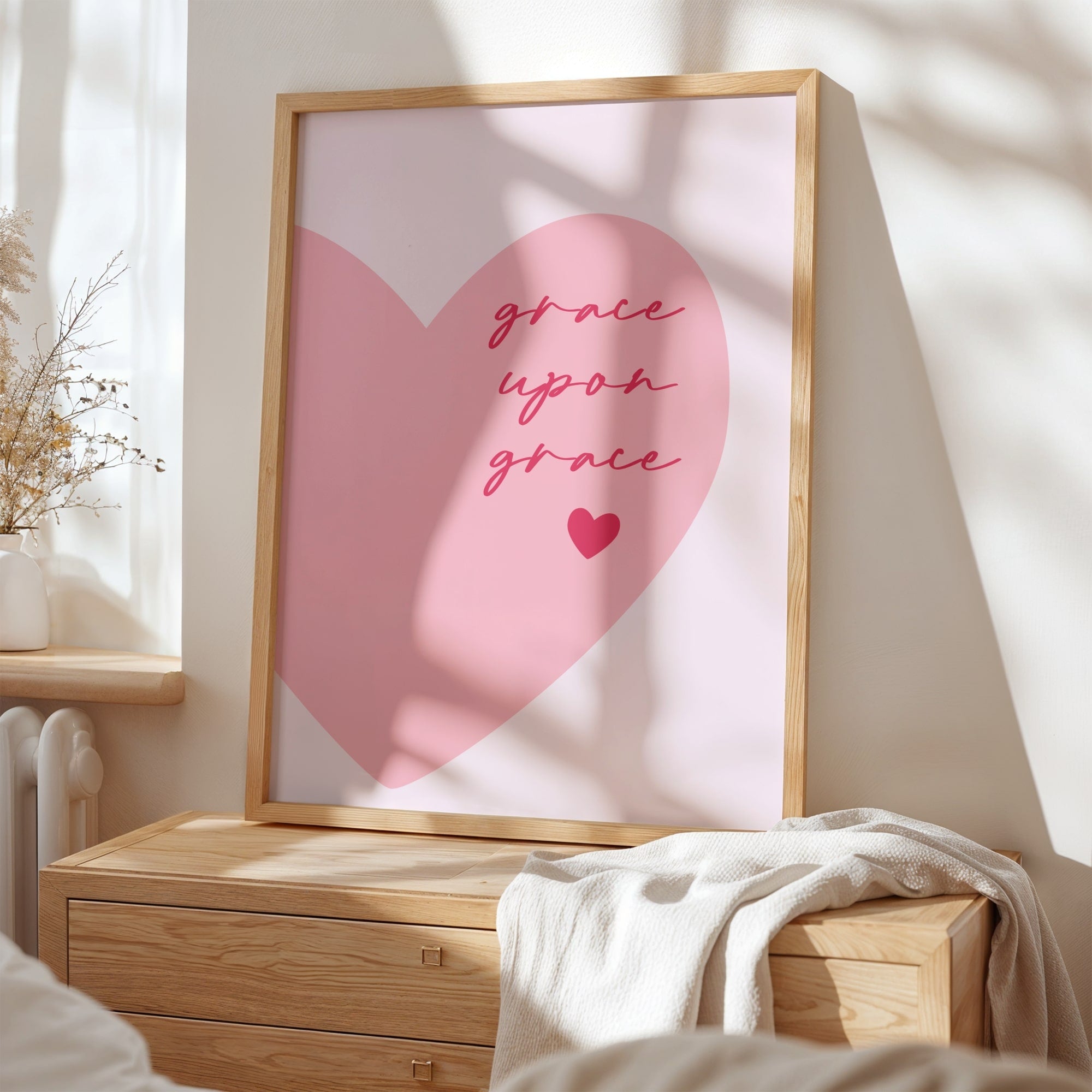 Grace Upon Grace faith wall decor featuring soft pink heart and elegant typography