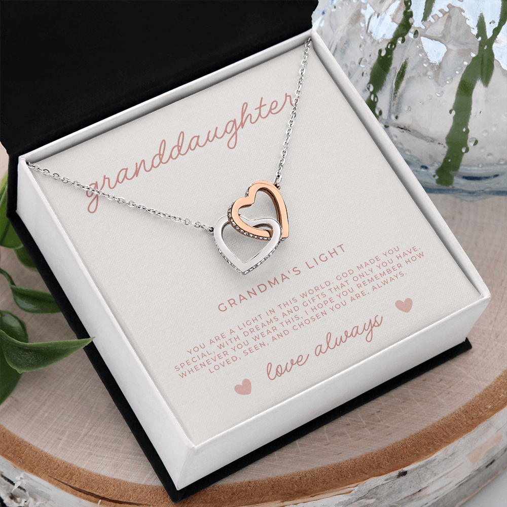 white gold and rose gold interlocked hearts necklace gift set for granddaughter, christian gift.