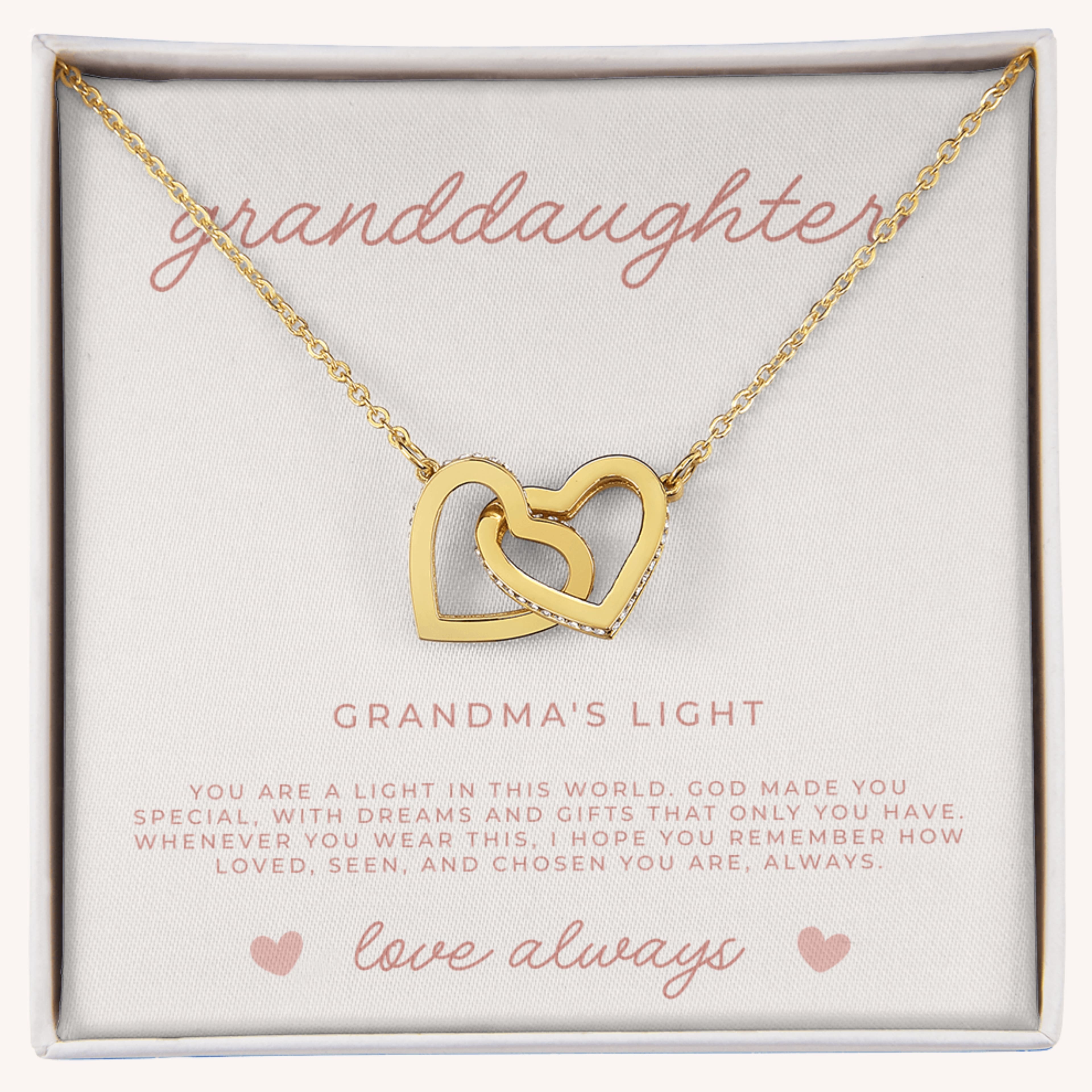 Gold necklace with interlocking hearts in a gift box with faith filled message card inside as a gift for granddaughters