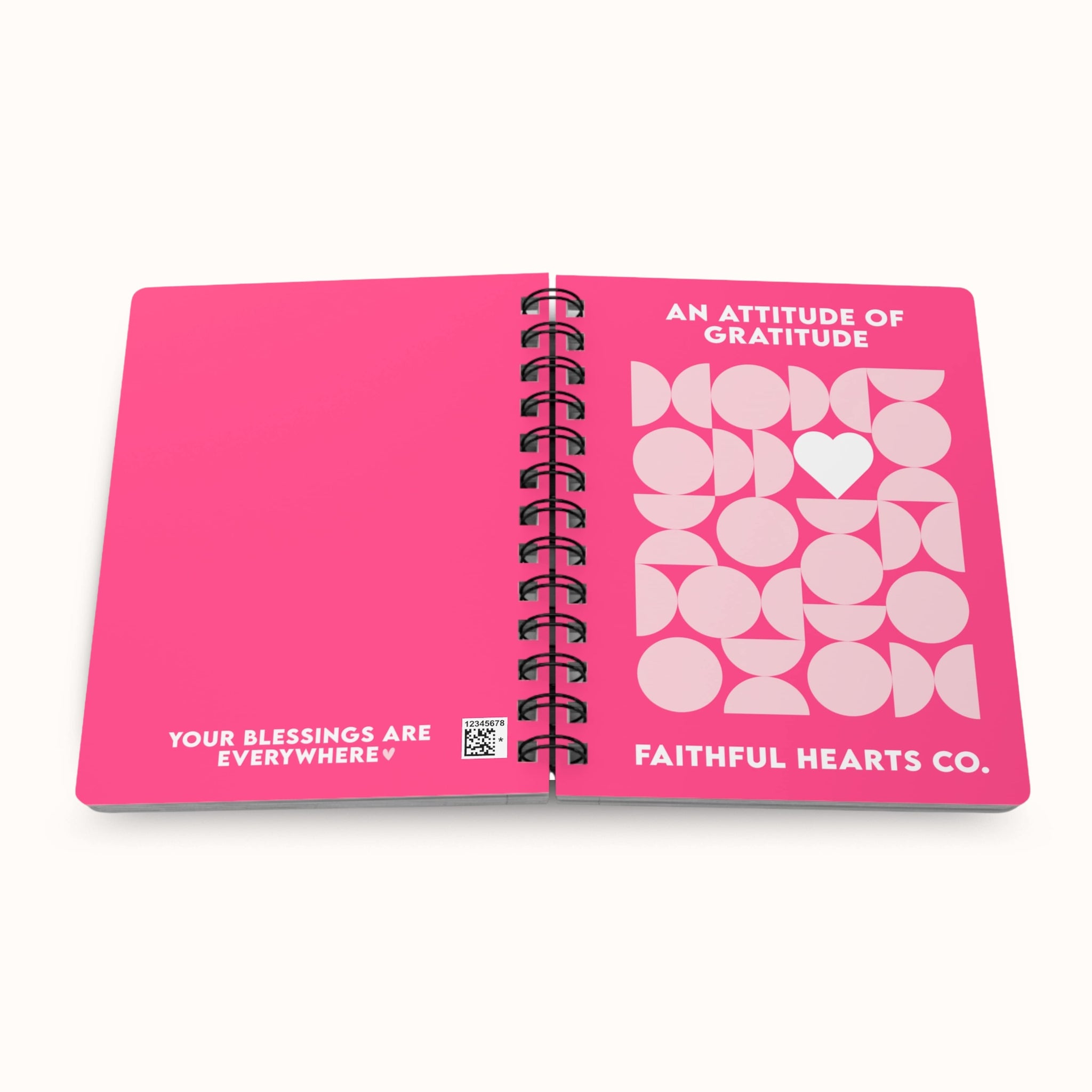 Pink gratitude journal with spiral binding and 'Faithful Hearts Co.' branding on a white background