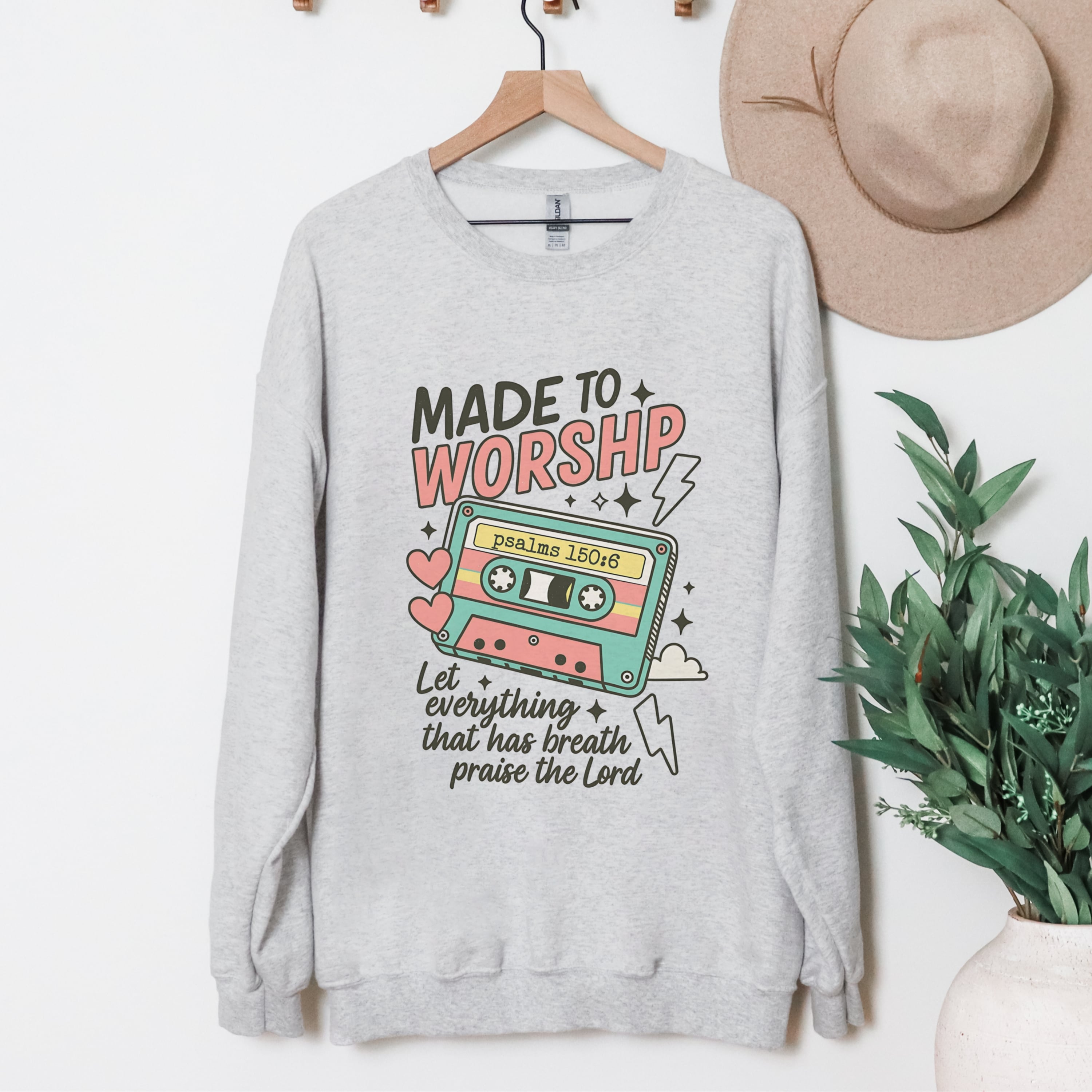 Made To Worship ash grey sweatshirt with retro cassette tape design - playful Christian Psalm 150:6 apparel
