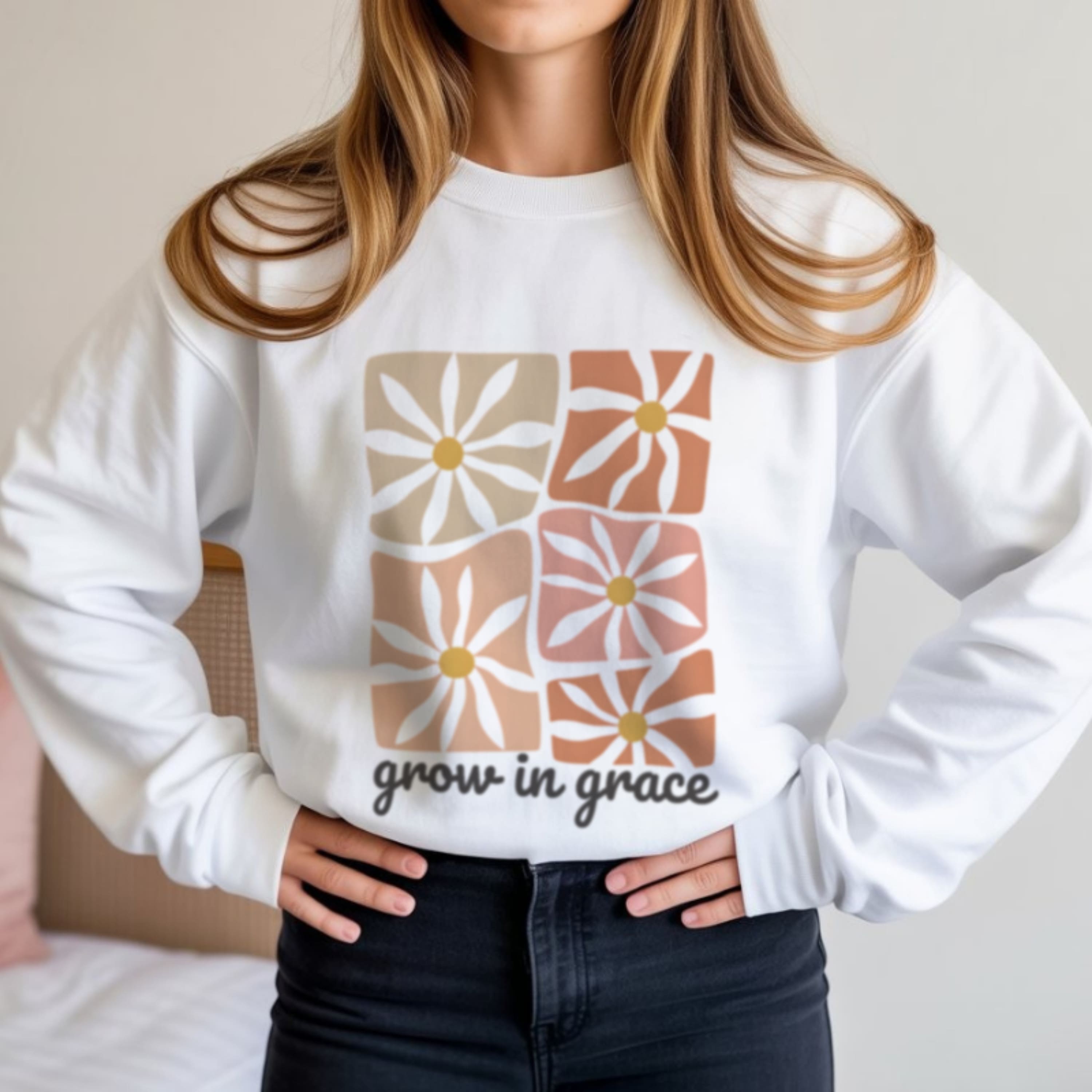 Grow In Grace crewneck sweatshirt in white with boho daisy block print, aesthetic Christian apparel for women