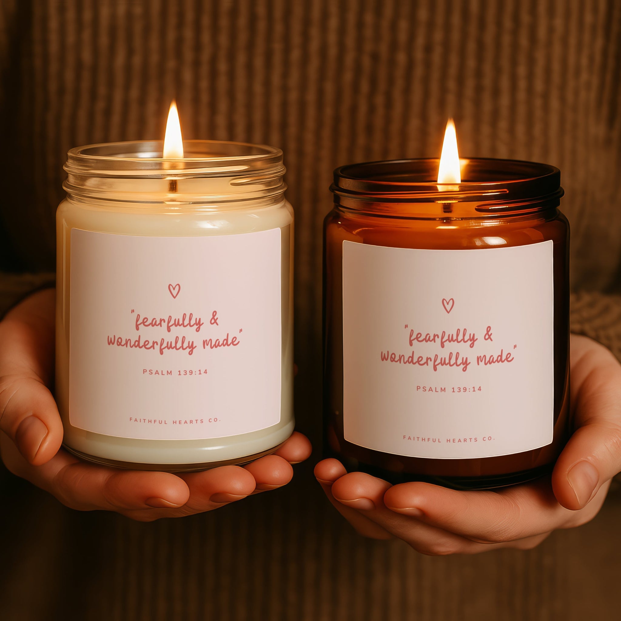 Faithful Hearts Fearfully and Wonderfully Made candle showing both colored jars