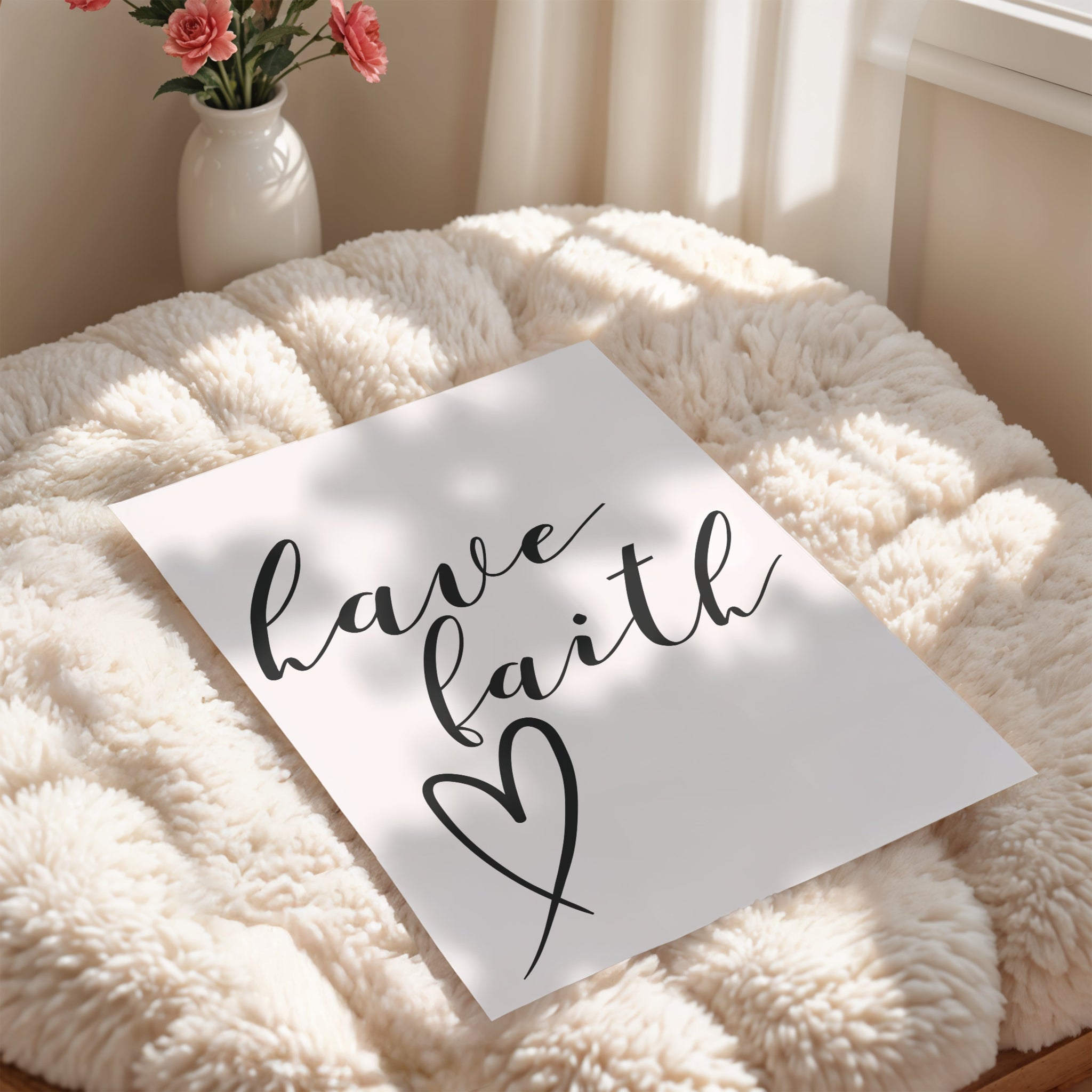 Black and cream Christian wall art print with “Have Faith” quote and heart design.