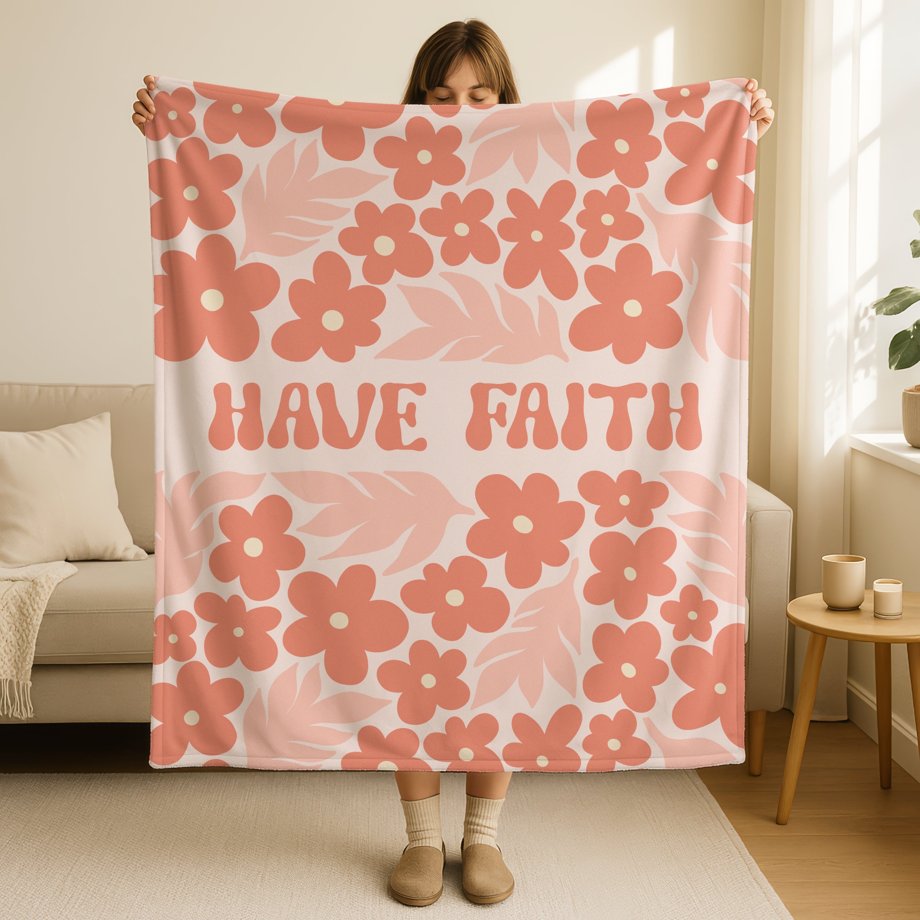 Have Faith retro blanket in coral pink and cream with vintage 70s style flowers and groovy hand-lettered text, featuring boho floral pattern in terracotta, peach, and blush tones