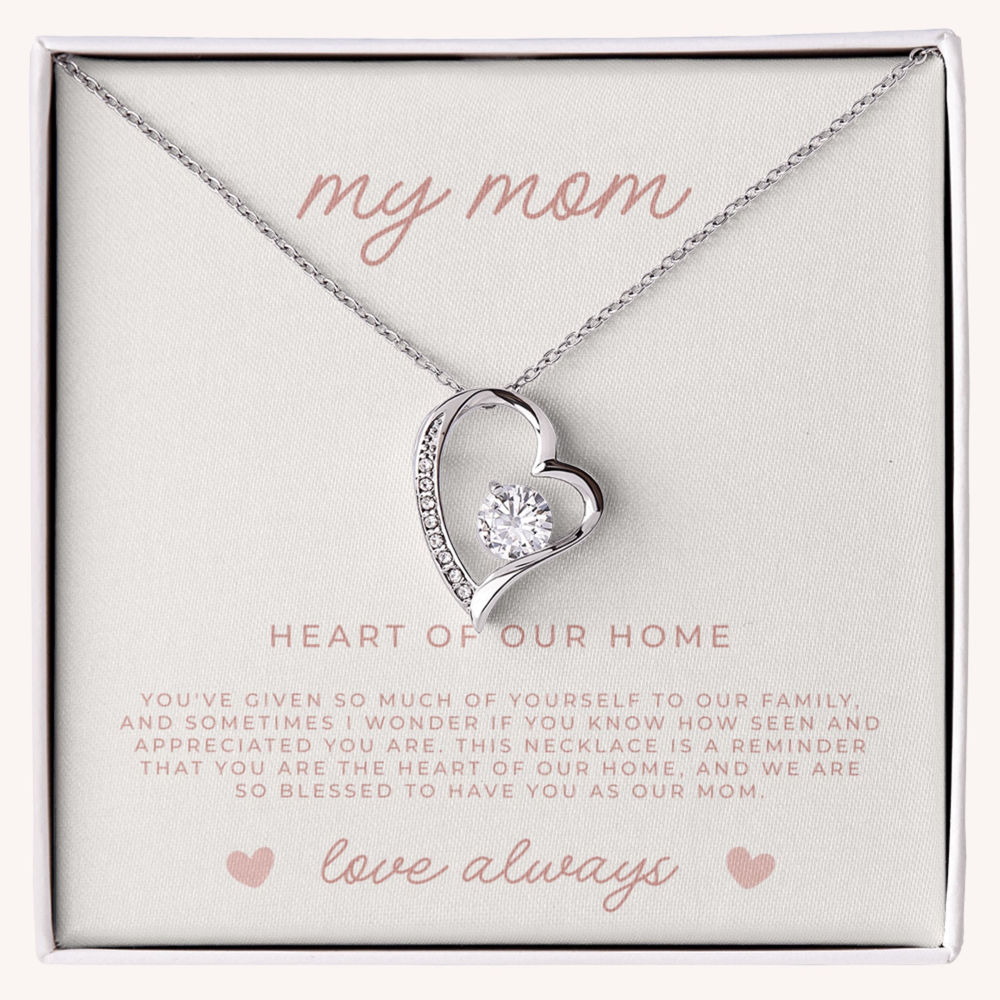 white gold heart shaped necklace gift for mom with CZ stones and touching message card