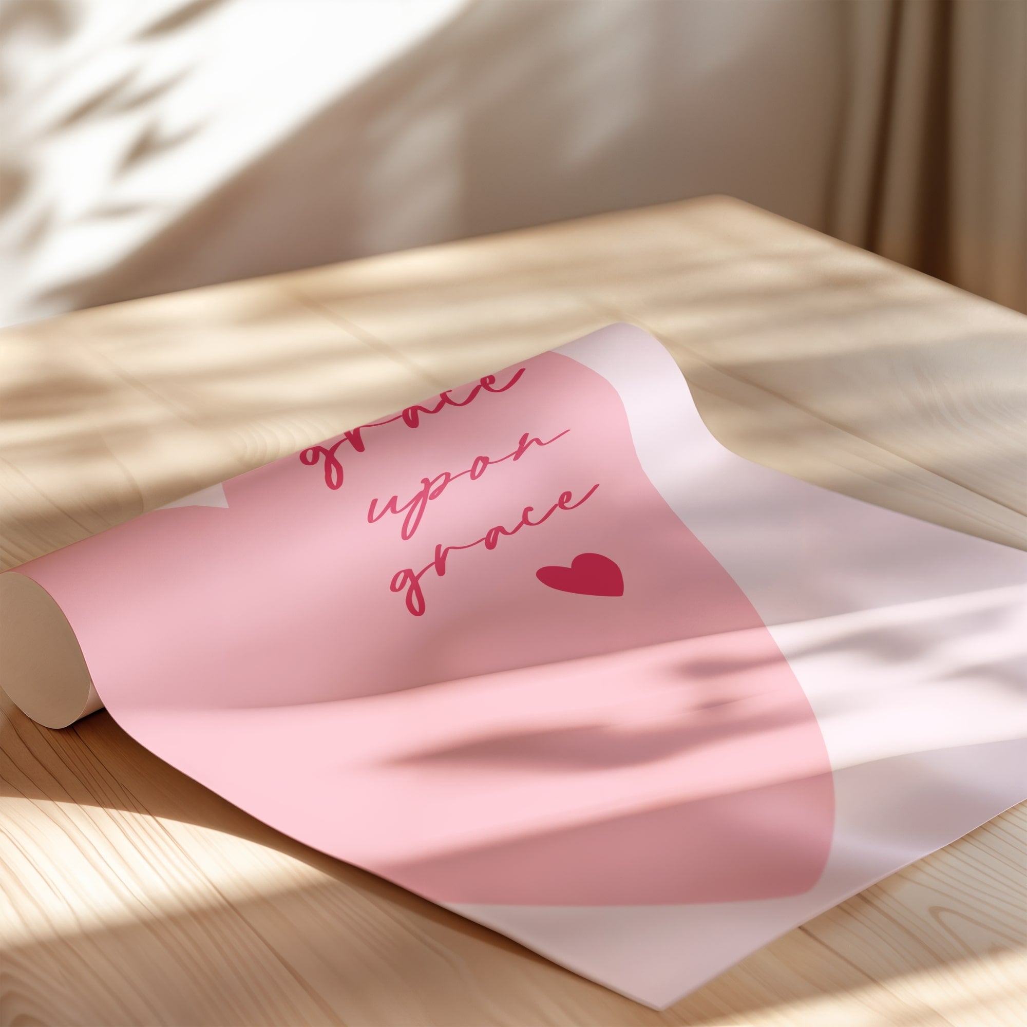 Feminine Christian wall decor – Grace Upon Grace print in soft pink, modern minimalist style