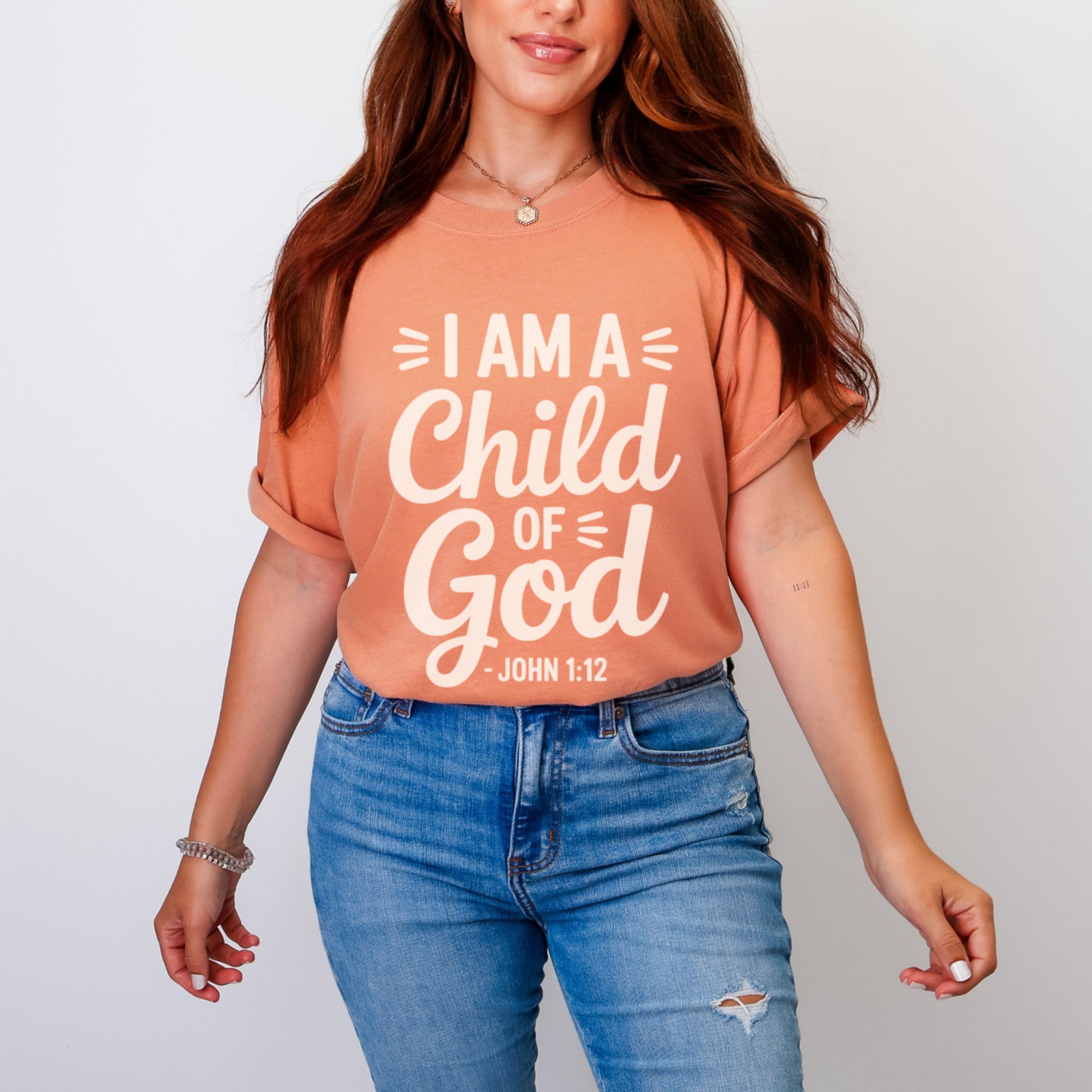 I Am A Child Of God scripture shirt in warm terracotta with soft cream text, Christian faith tshirt for women