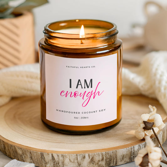 I AM enough faith candle with pink label in amber glass jar, hand poured coconut soy wax candle affirmation gift