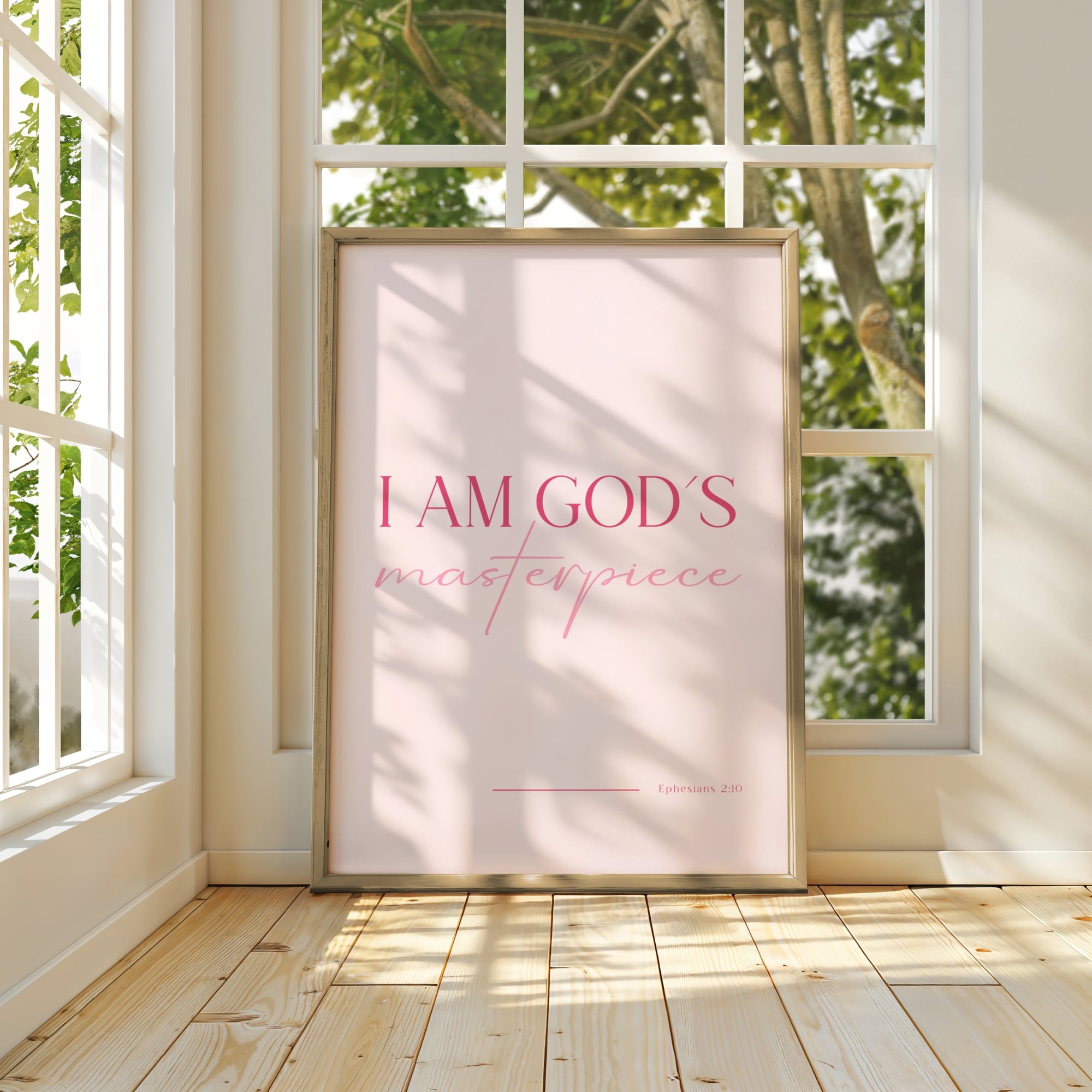 Pink “I Am God’s Masterpiece” Christian wall art print for feminine home décor.