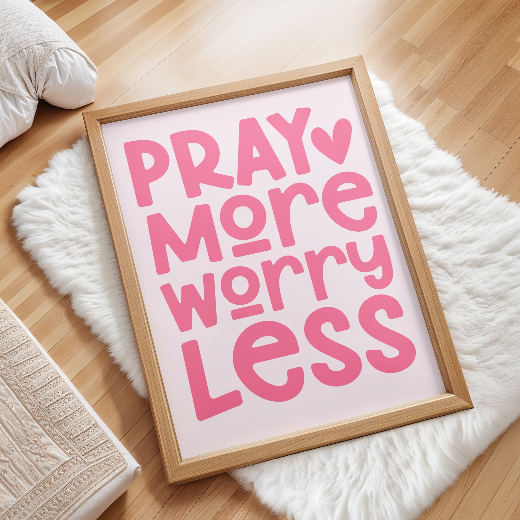 Feminine pink scripture wall art encouraging prayer and peace for Christian women.