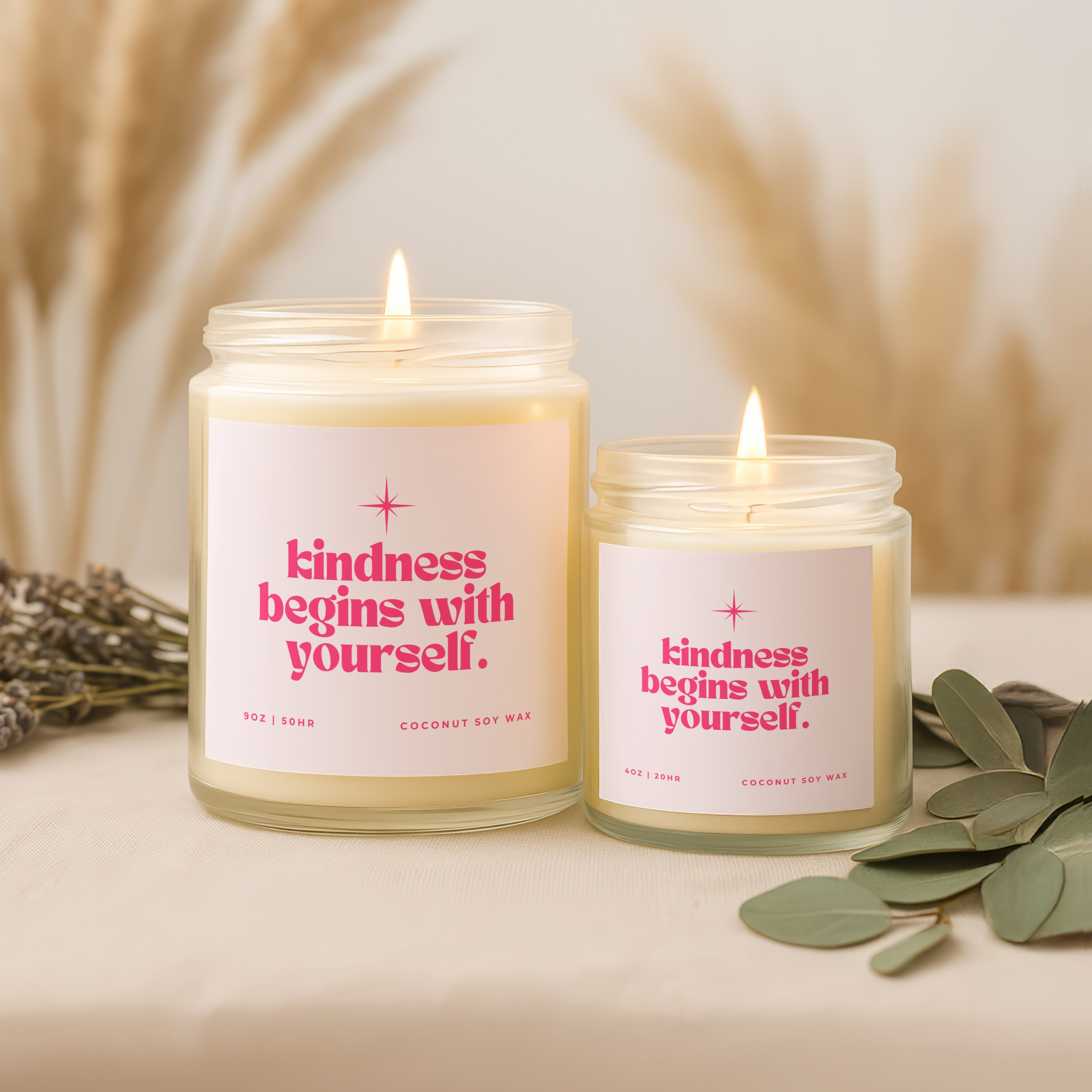 Clear jar coconut soy wax candle with message “Kindness Begins With Yourself,” uplifting affirmation decor for women, ideal self care or mental health gift.