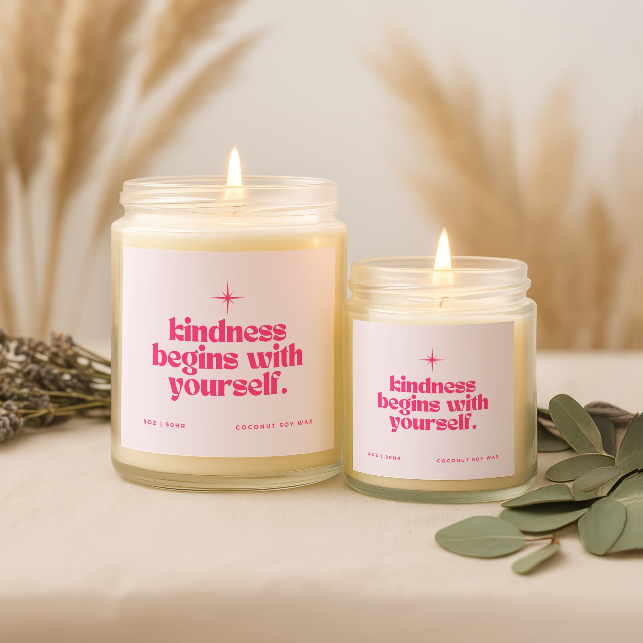Clear jar coconut soy wax candle with message “Kindness Begins With Yourself,” uplifting affirmation decor for women, ideal self care or mental health gift.