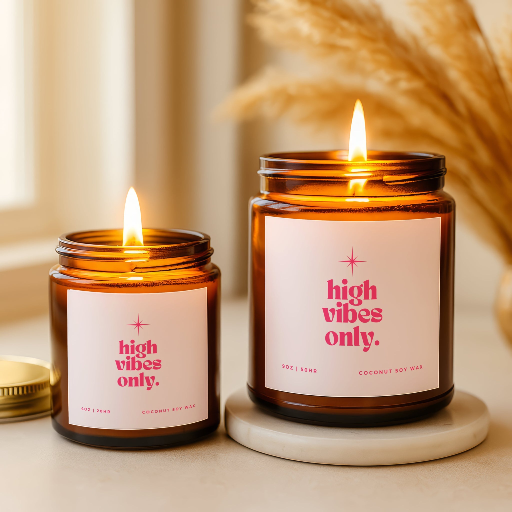 Faithful Hearts High Vibes Only affirmation candle in amber glass, luxury hand poured candle for women seeking calm, confidence, and good vibes energy.