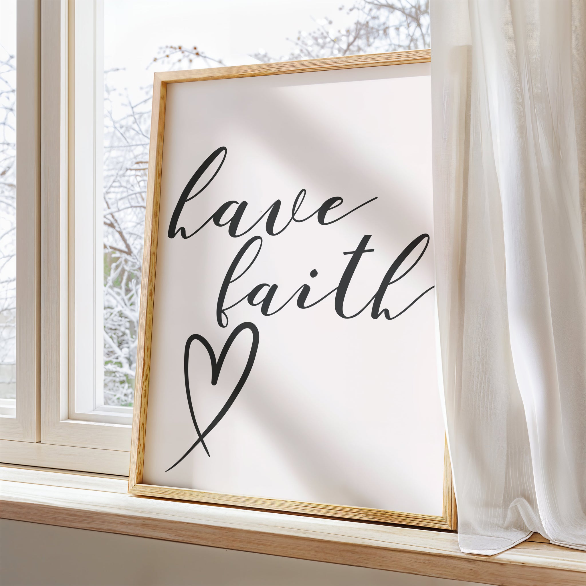Cream and black minimalist Christian quote print with “Have Faith” and heart.