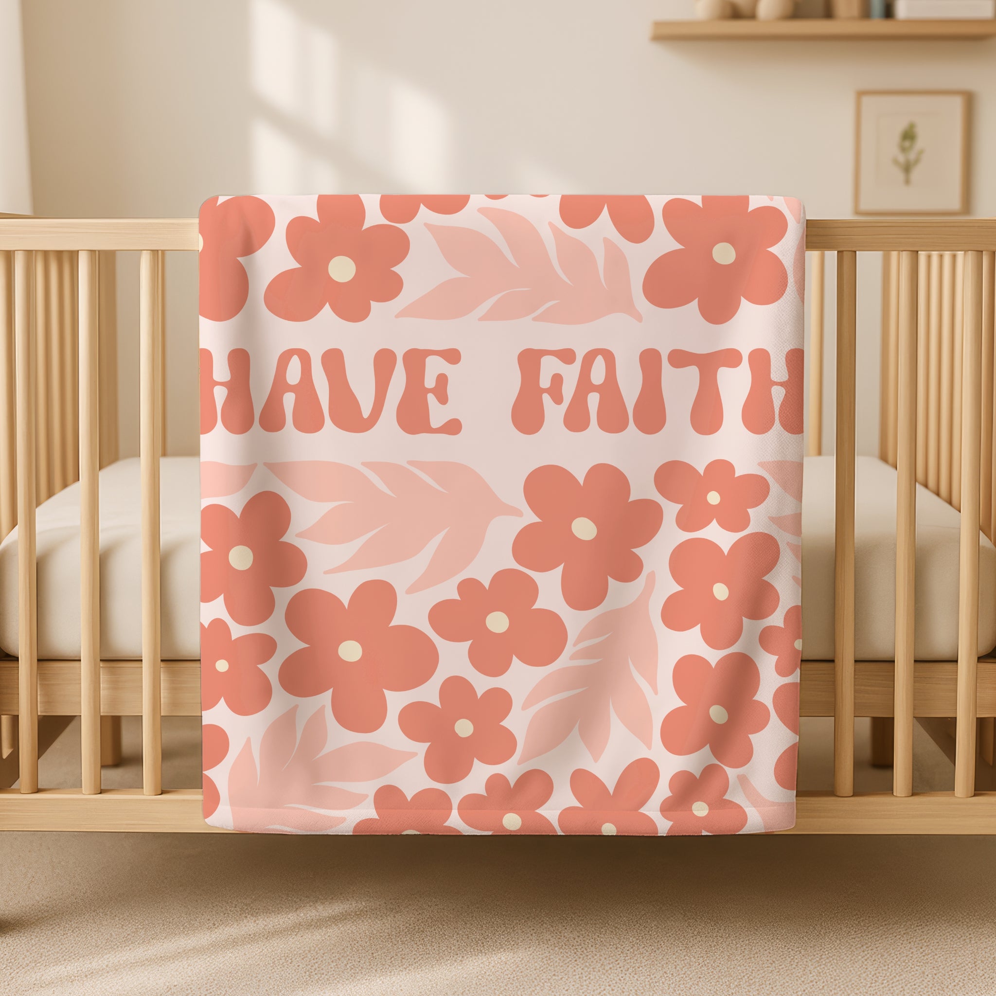 Cute, girly pink peach floral throw blanket with inspirational “Have Faith” quote in retro lettering