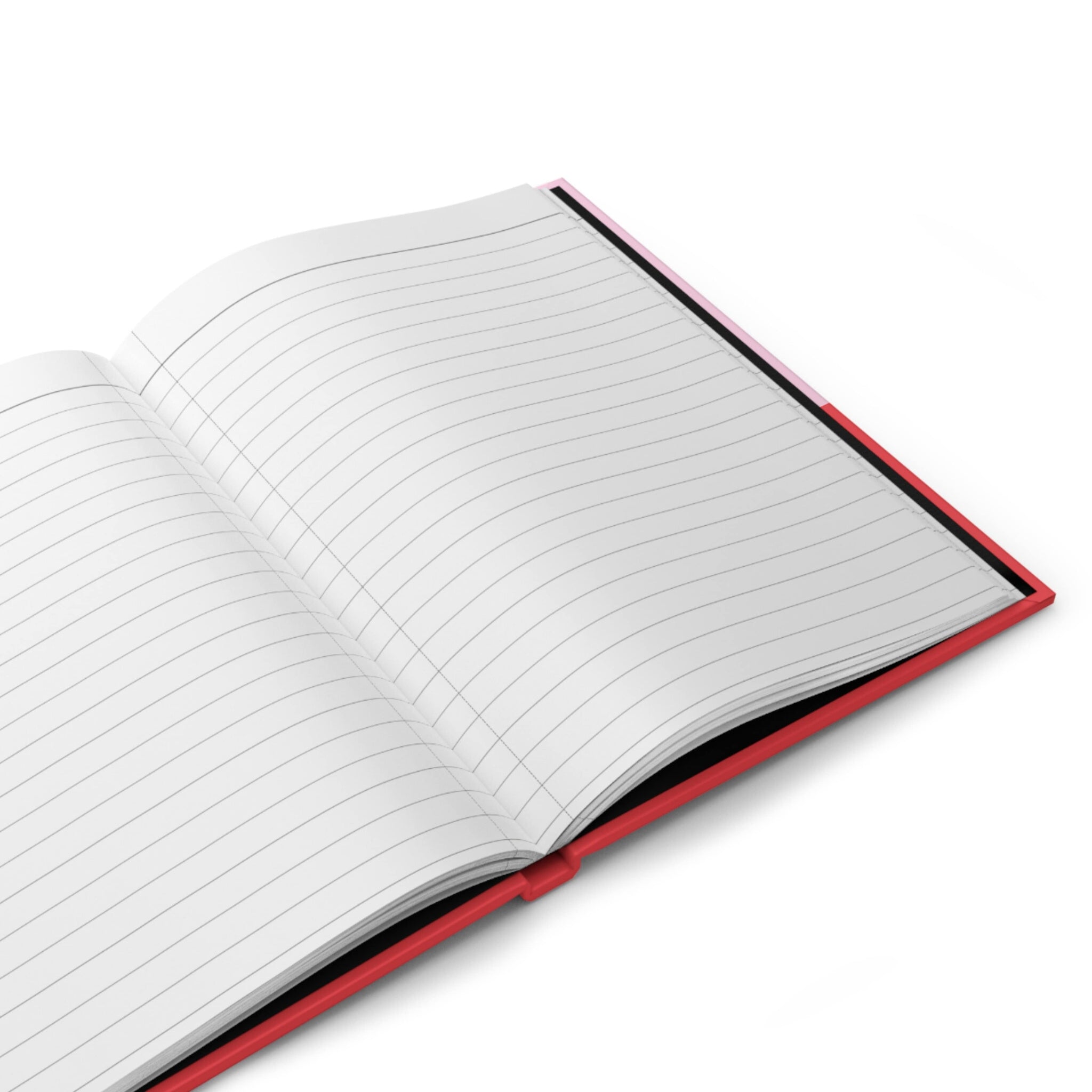 Open notebook with red and pink binding on a white background