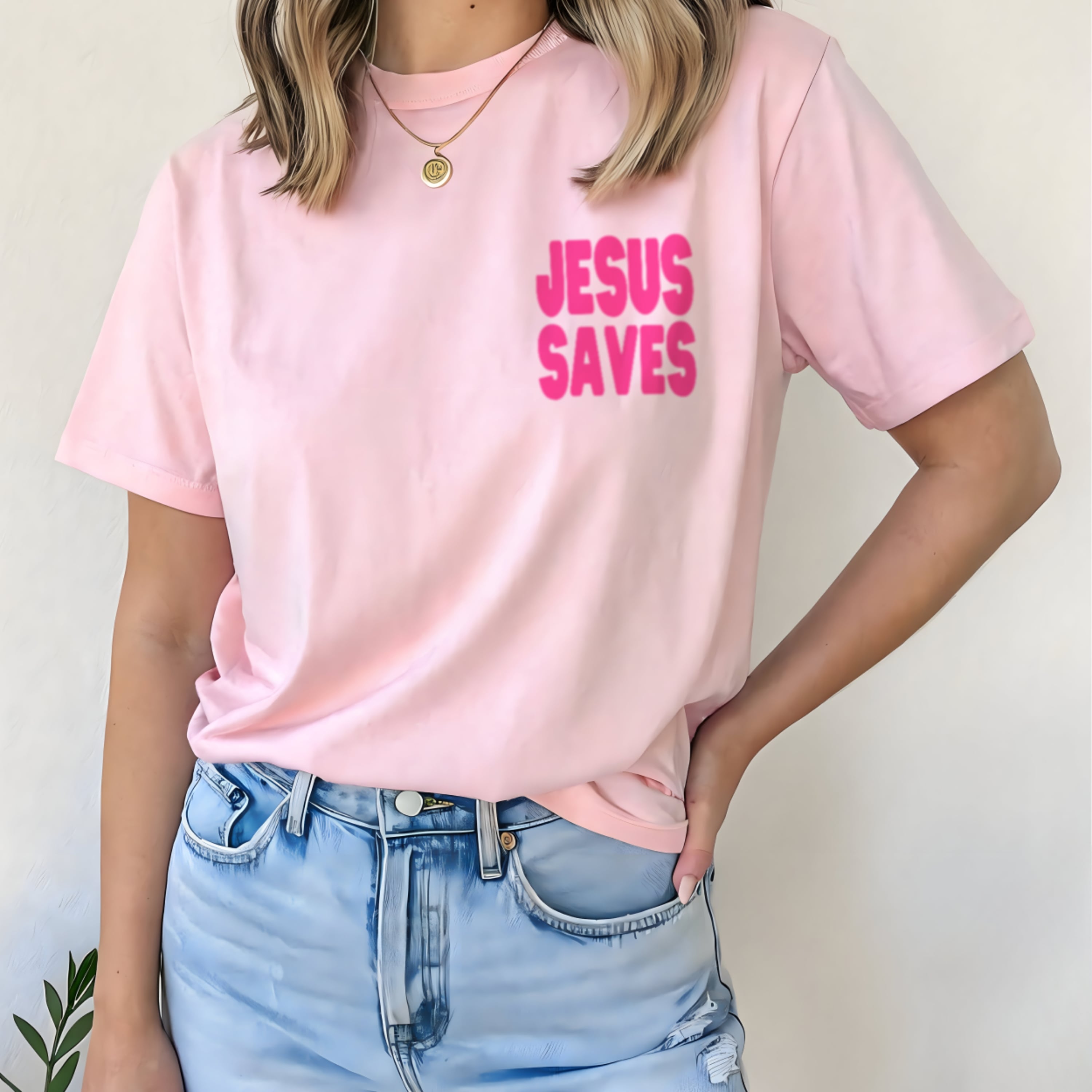 Jesus Saves t-shirt blossom pink back view with hot pink my mood my soul my sanity Christian faith apparel