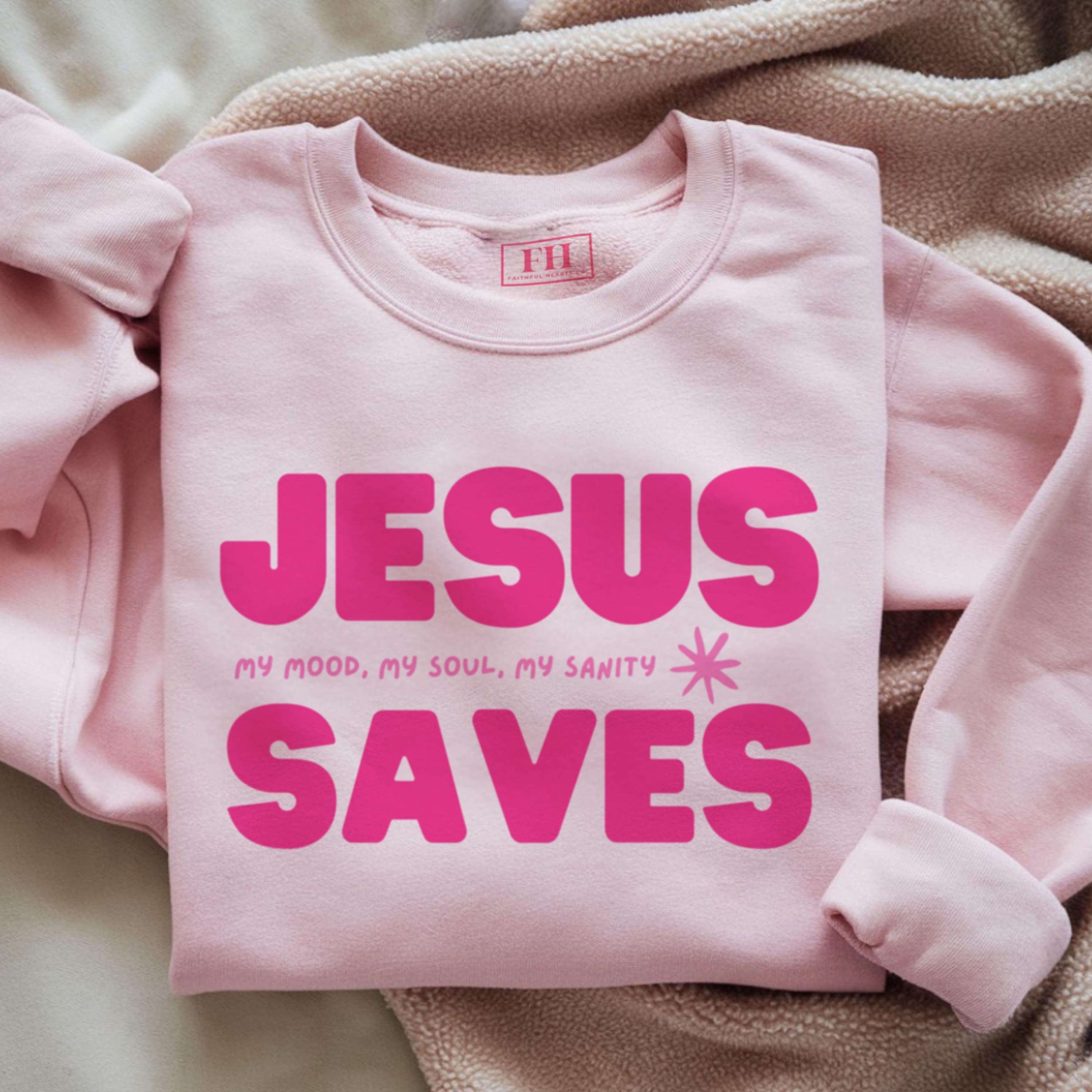  Jesus Saves crewneck sweatshirt in pink with hot pink lettering, women's Christian apparel by Faithful Hearts Co