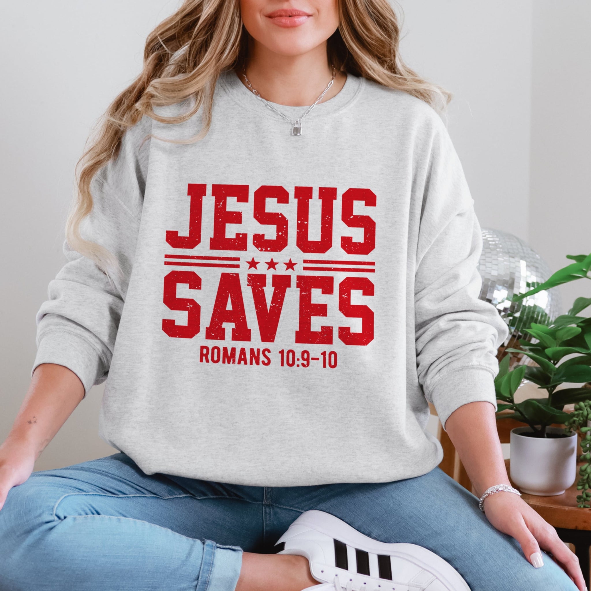 Back view of ash grey Jesus Saves sweatshirt - oversized vintage Christian crewneck for women