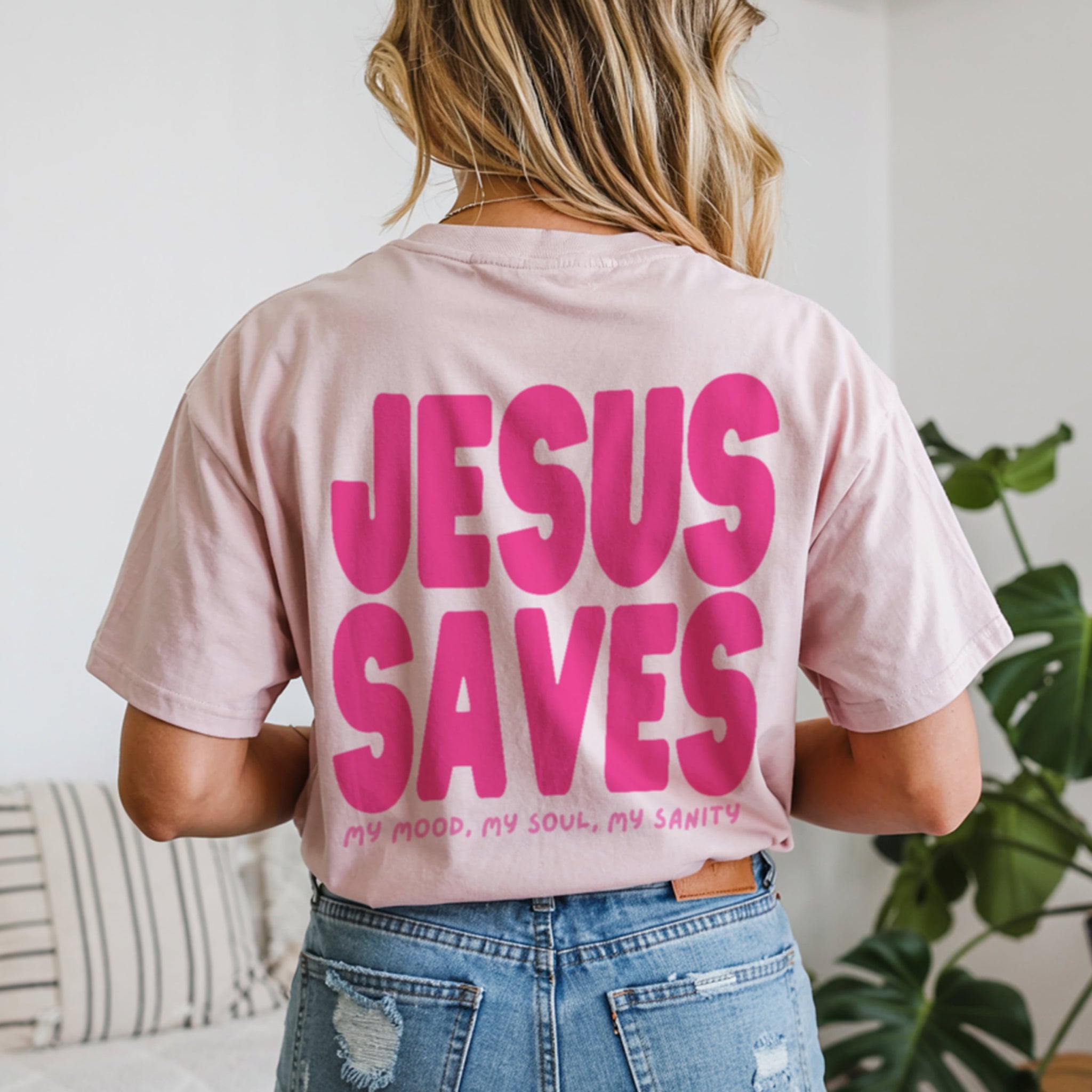 Jesus Saves Christian t-shirt blossom pink front view hot pink text faith-based graphic tee for women