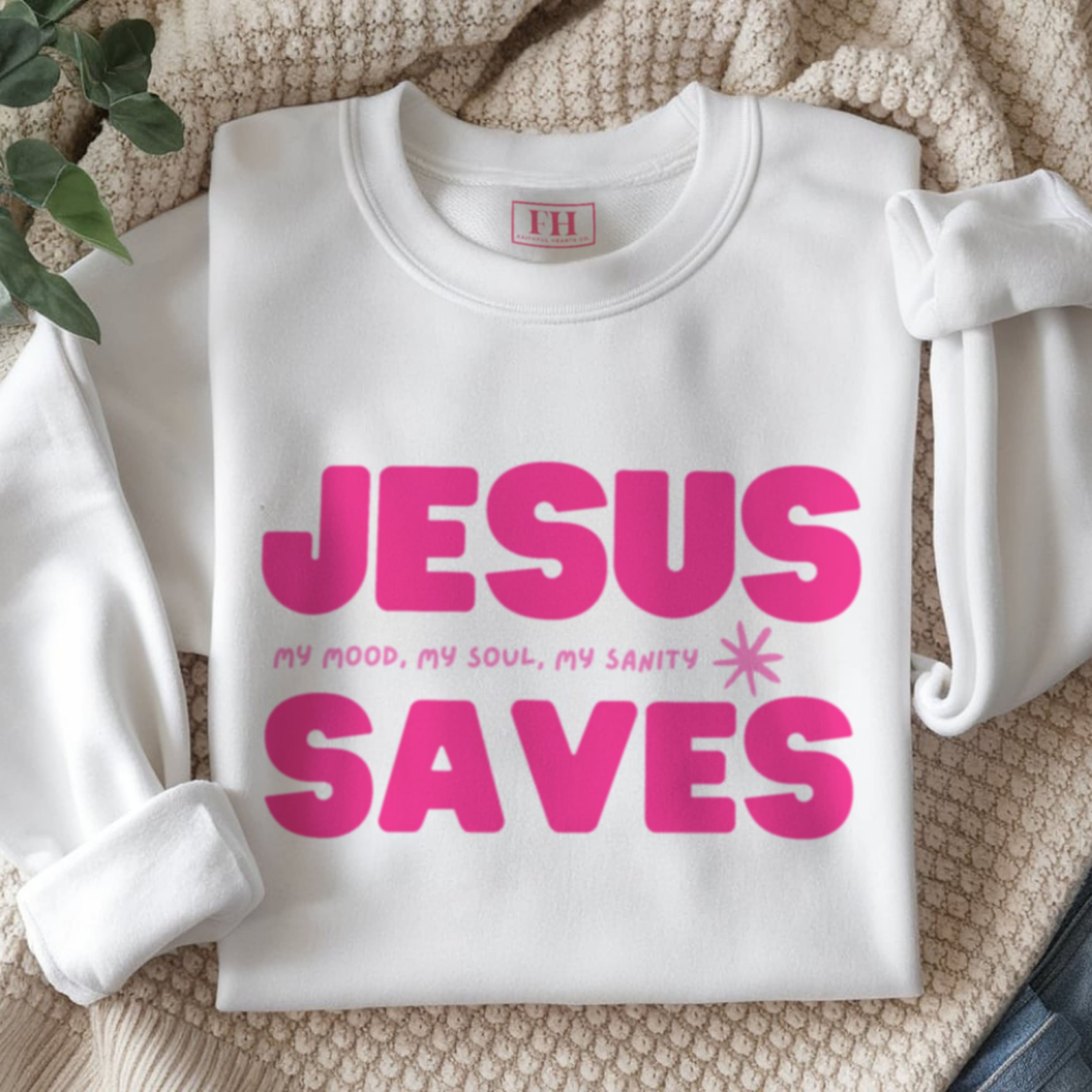  Jesus Saves crewneck sweatshirt in white with hot pink lettering, women's Christian apparel by Faithful Hearts Co