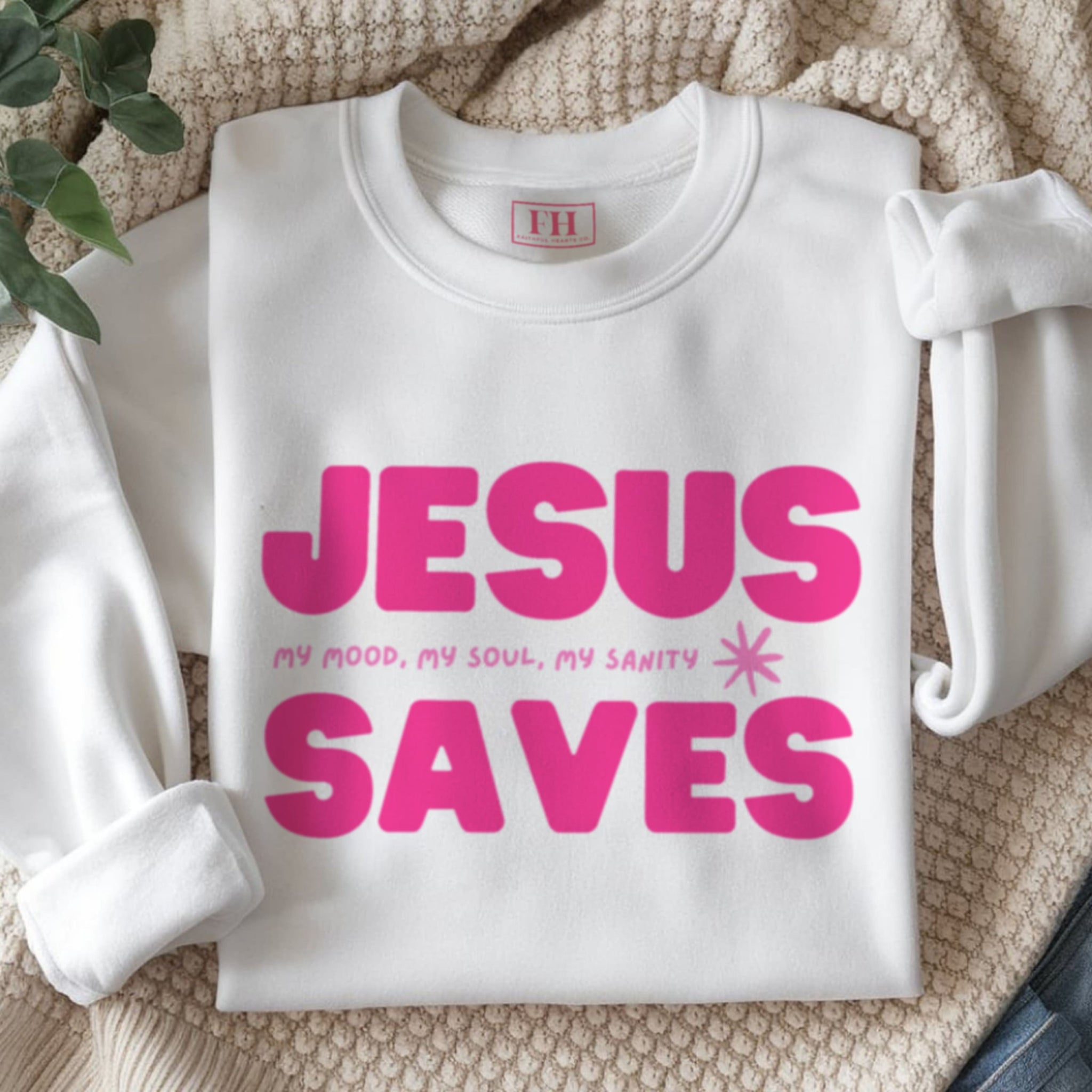  Jesus Saves crewneck sweatshirt in white with hot pink lettering, women's Christian apparel by Faithful Hearts Co