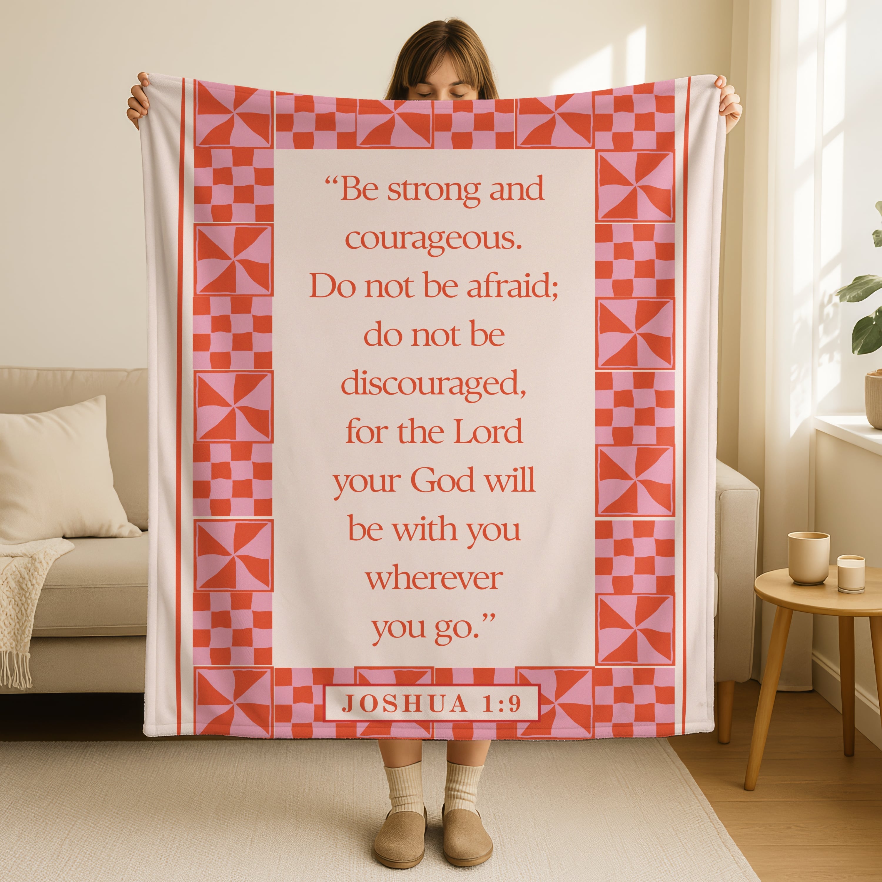 Joshua 1:9 blanket in coral and pink with retro geometric quilt pattern border, Be strong and courageous Do not be afraid scripture verse on cream background, Christian inspirational throw blanket