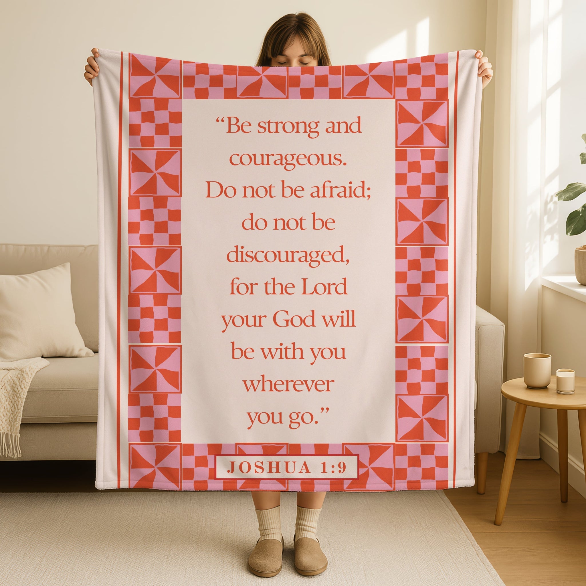Joshua 1:9 blanket in coral and pink with retro geometric quilt pattern border, Be strong and courageous Do not be afraid scripture verse on cream background, Christian inspirational throw blanket