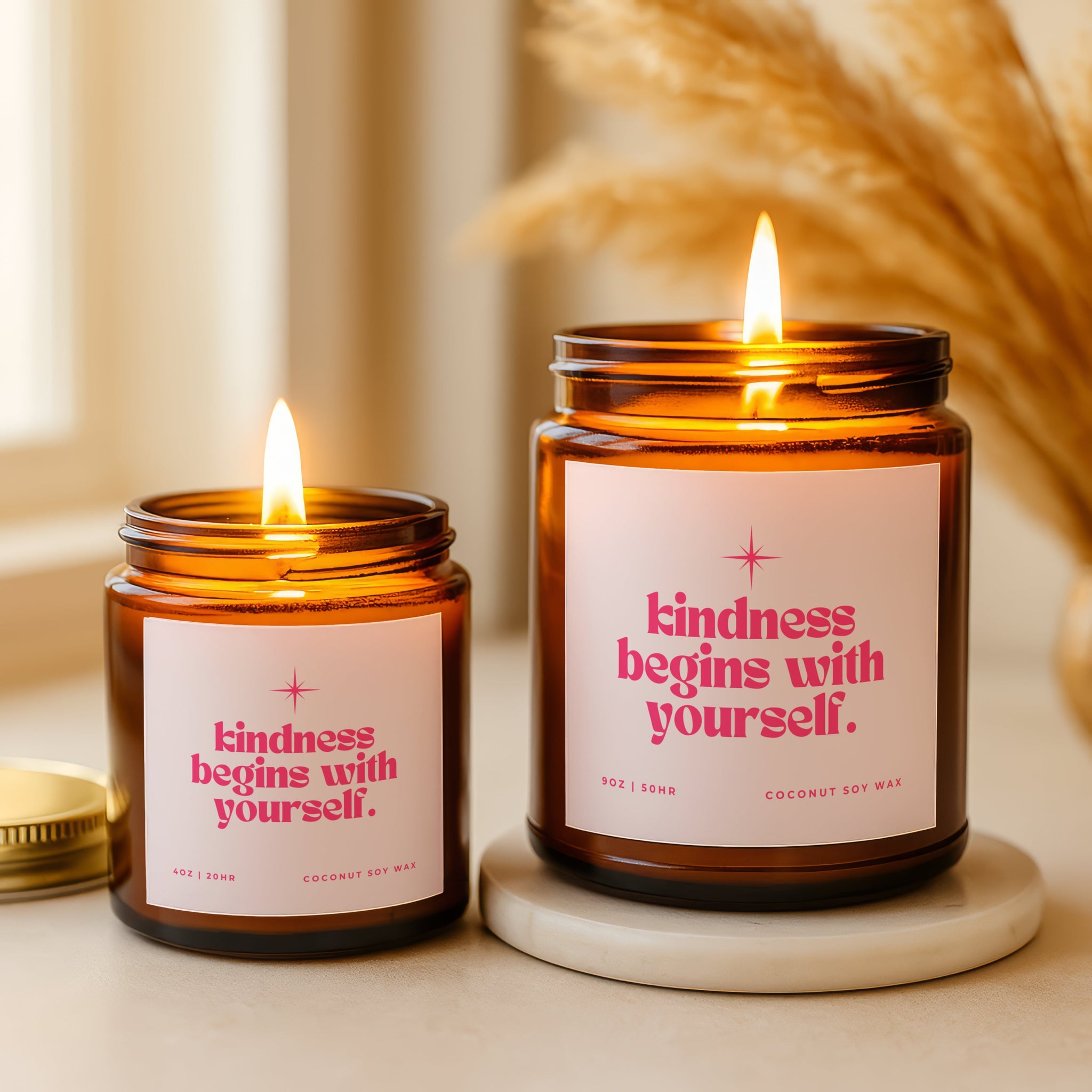 Amber glass self love candle reading “Kindness Begins With Yourself,” cozy handmade natural wax gift candle for relaxation and encouragement.
