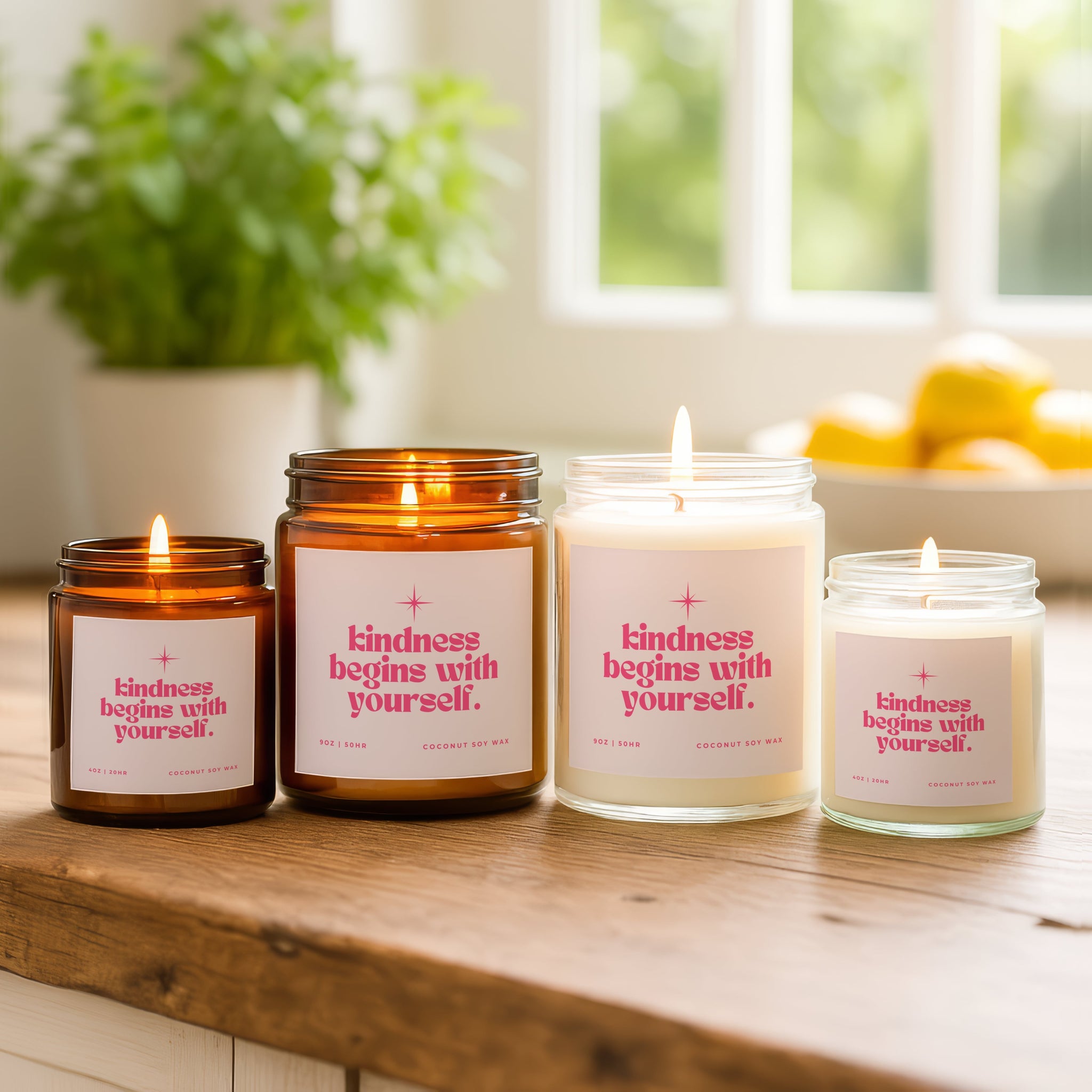 Kindness Begins With Yourself candles in clear and amber jars by Faithful Hearts, inspirational self love candle set, perfect thoughtful gift for her.