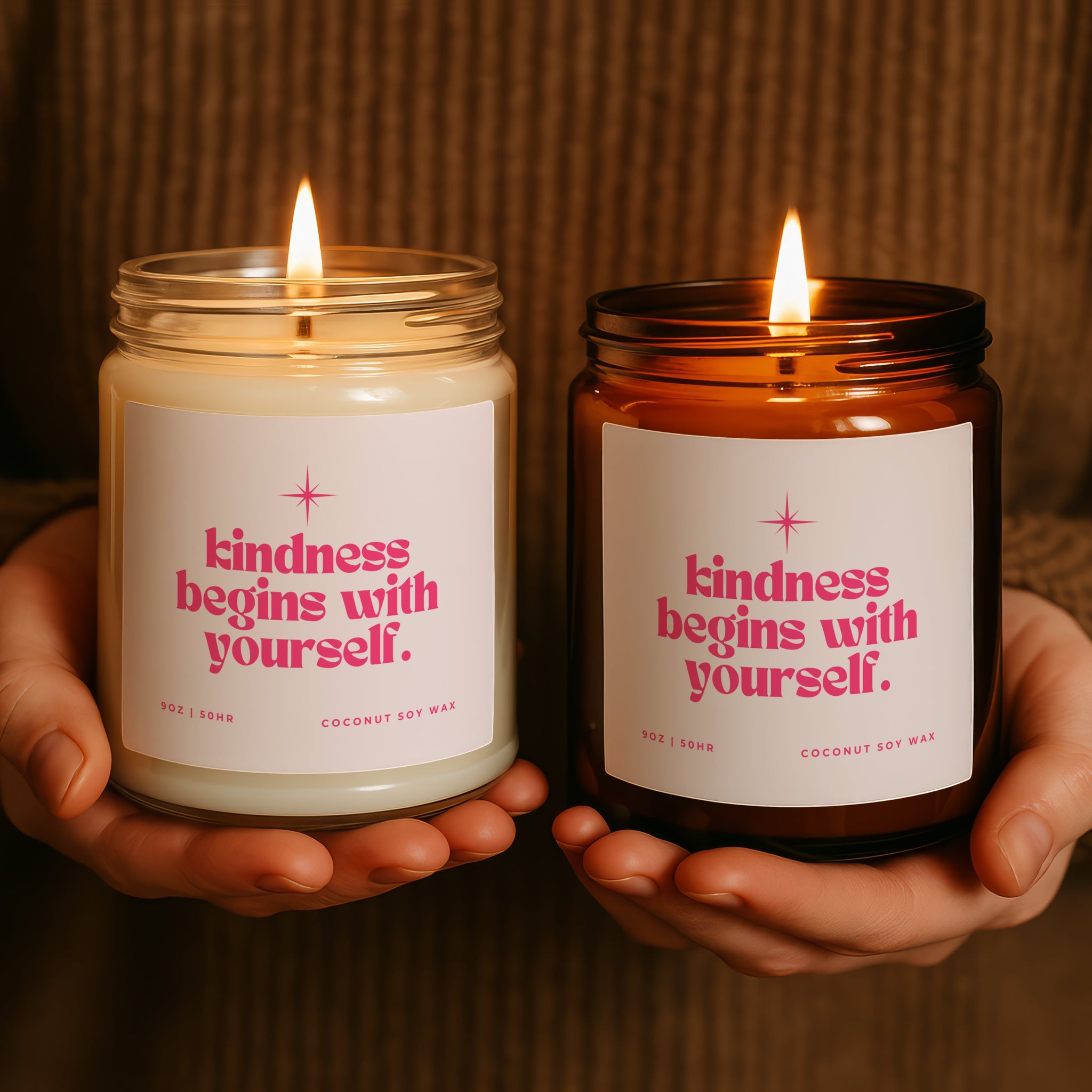Pair of Faithful Hearts affirmation candles with message “Kindness Begins With Yourself,” aesthetic self love decor and mindfulness gift set for her.