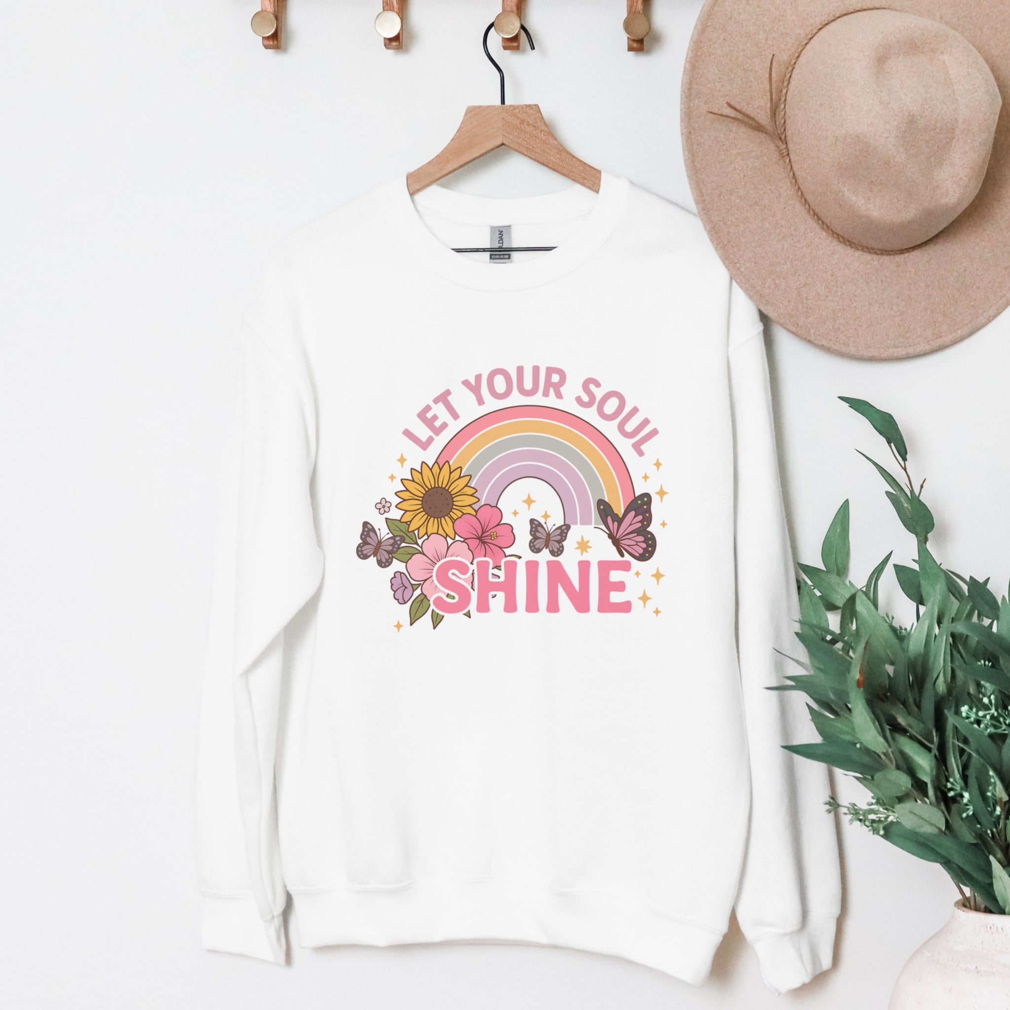 Let Your Soul Shine Sweatshirt White | Rainbow Floral Crewneck Women
