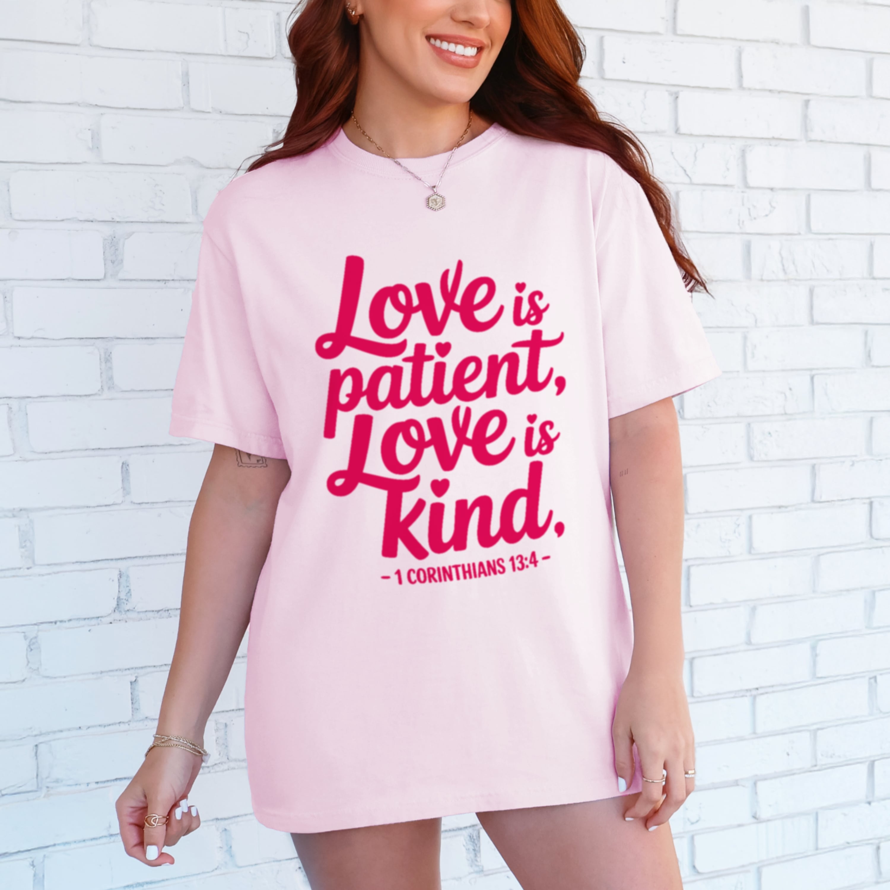 Love Is Patient Love Is Kind scripture shirt in soft pink with hot pink lettering, Christian faith tshirt for women