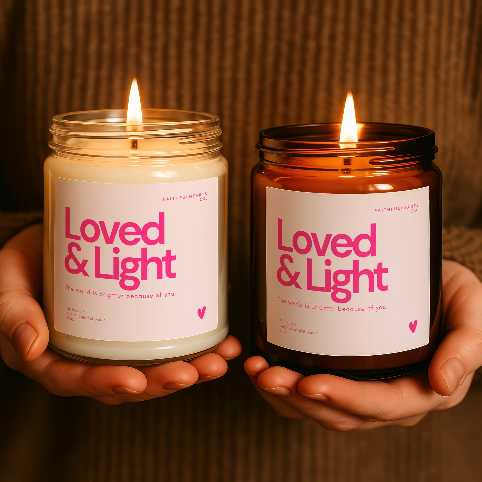 Loved & Light candle duo in amber and clear jars, inspiring message candle for women, eco friendly coconut wax hand poured in USA.