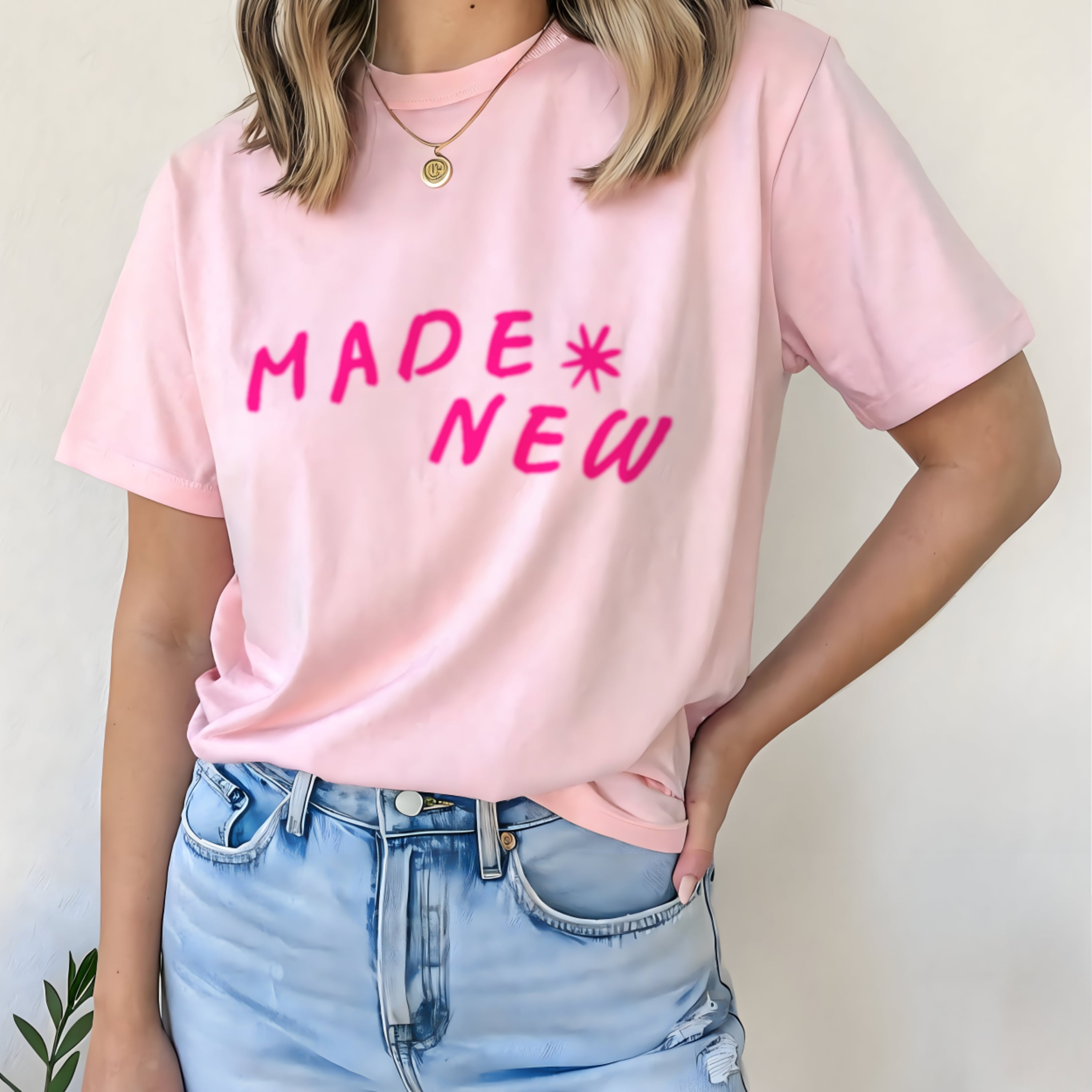 Made New Christian t-shirt in light blossom pink with hot pink text, faith-based graphic tee for women aesthetic style