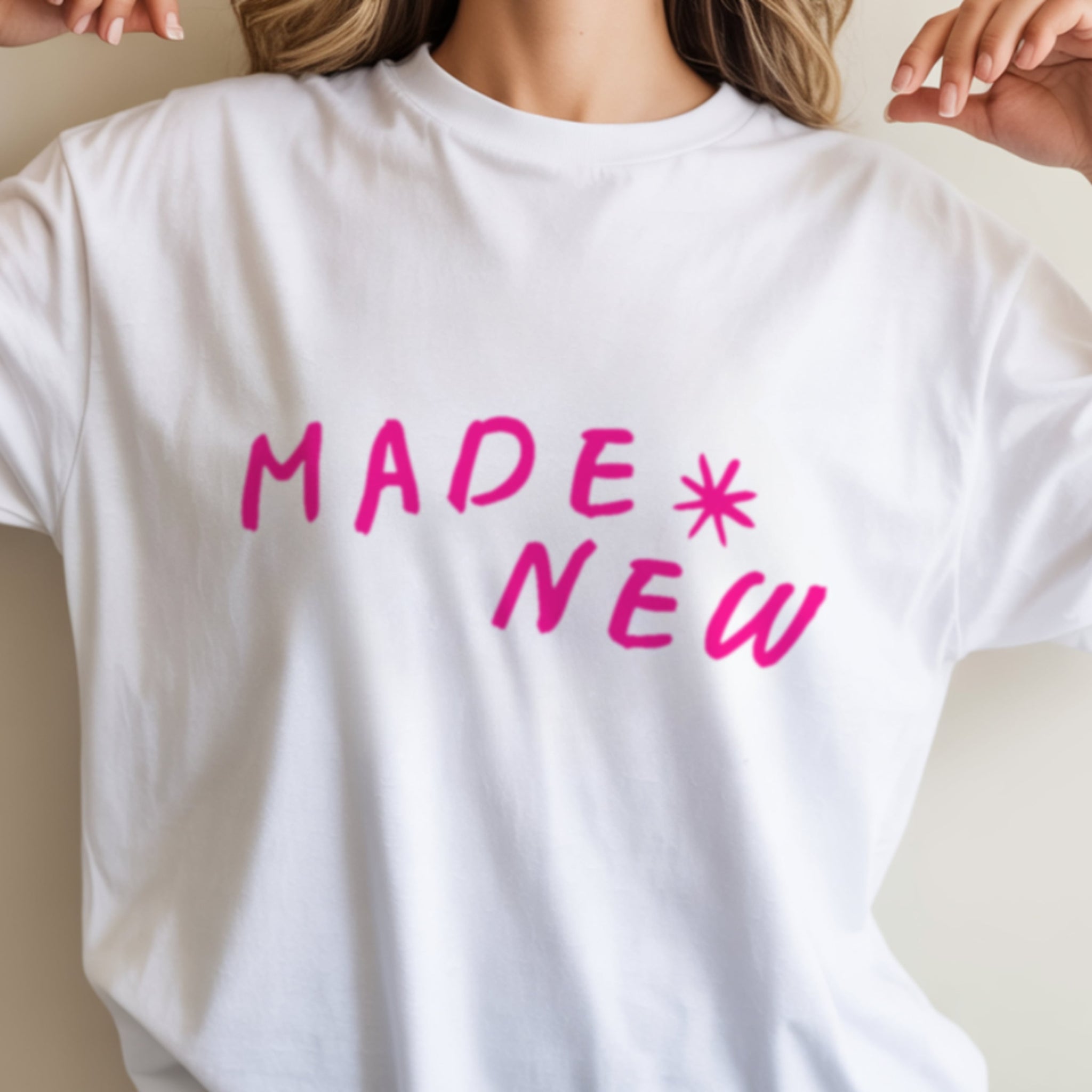Made New hot pink text on white Christian t-shirt, premium ring-spun cotton faith apparel
