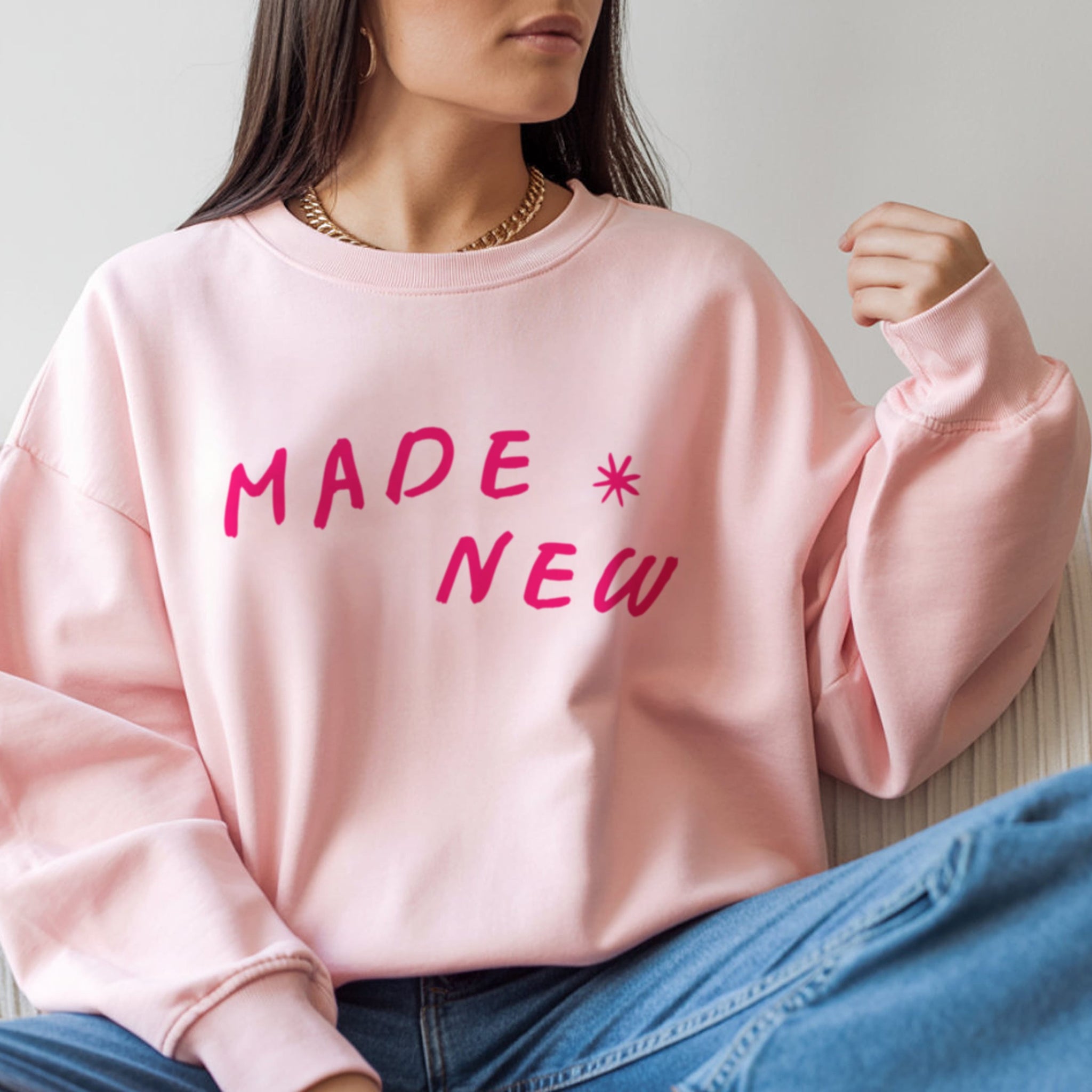 Made New faith sweatshirt in white with hot pink lettering, women's Christian crewneck for everyday wear
