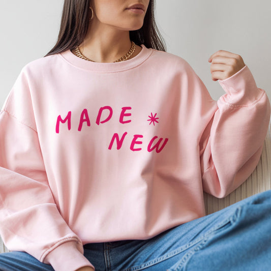 Made New faith sweatshirt in white with hot pink lettering, women's Christian crewneck for everyday wear