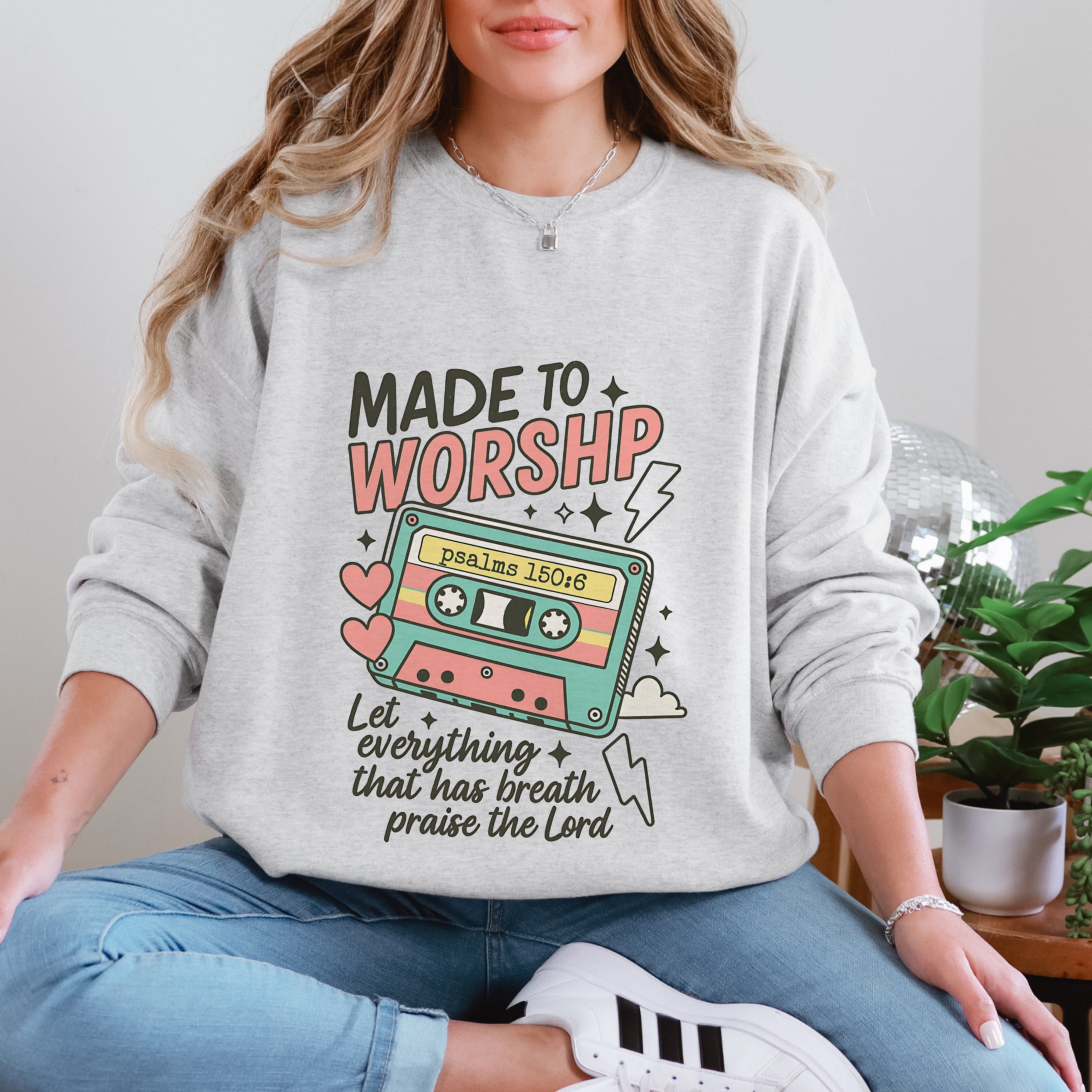 Ash grey Made To Worship Psalm 150:6 sweatshirt with colorful cassette design, retro Christian faith apparel for women